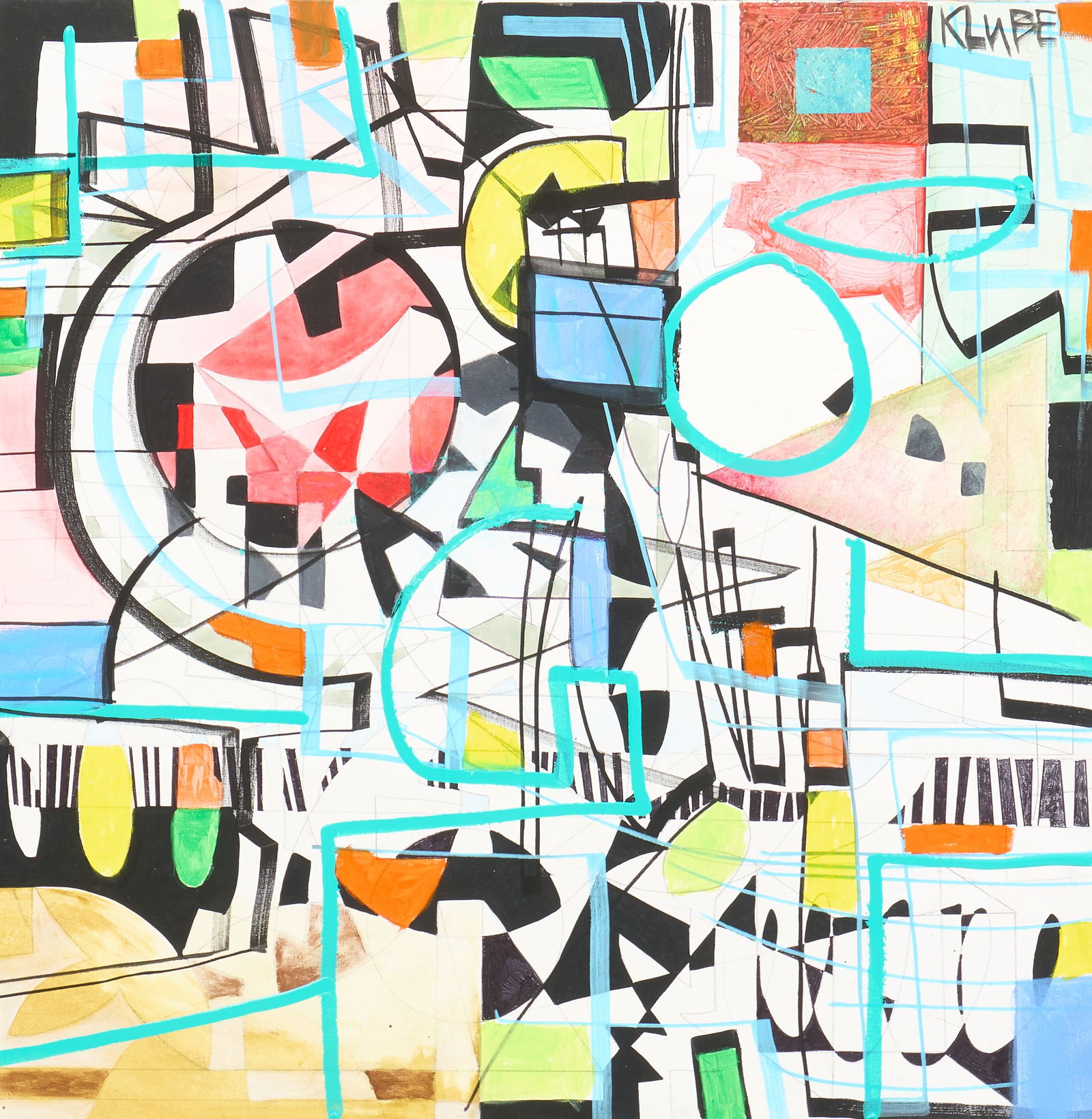 Karl James Lubbering, "Musica Topography": Karl James Lubbering (Texas, b. 1969), "Musica Topography", acrylic on canvas, signed upper right, signed again and titled on the verso; not framed, gallery wrappedsize: 36 x 36