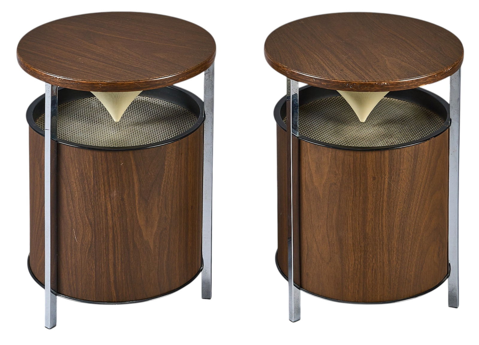 Pair of Zenith "Circle-of-Sound" Speakers: Pair of Zenith "Circle-of-Sound" speakers, featuring formica and chrome circular design, circa 1960sheight 13.5 in. x width 10 in. x depth 10 in.Provenance: Property from a home in San