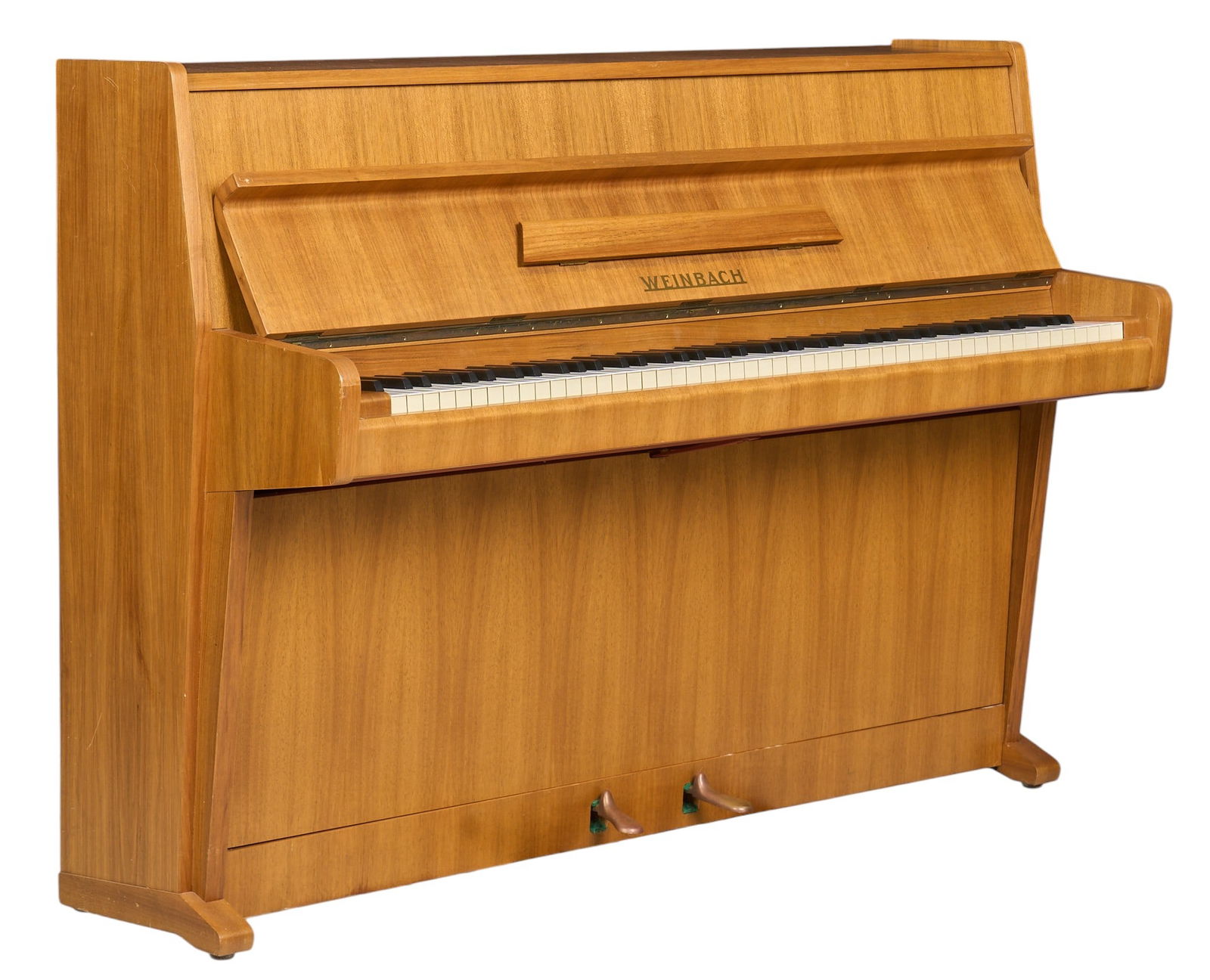 Weinbach Mid-Century Piano: Weinbach mid-century piano, with two brass pedals, in tune height 40.5 in. x width 56 in. x depth 21.5 in. 