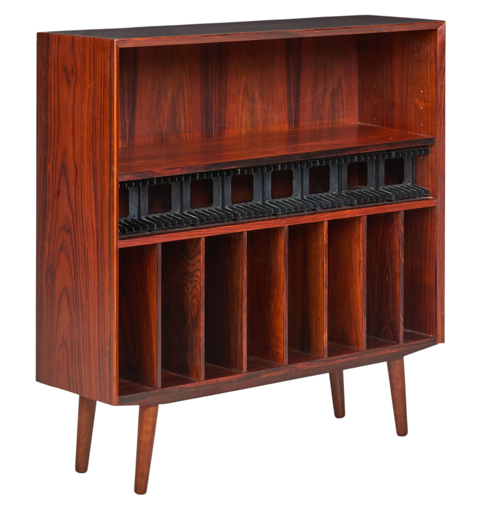 Brouer, Mid-Century Vinyl Record Case: Brouer (Denmark) mid-century vinyl record storage case with fitted storage, supported on pin legs, marked on back height 40 in. x width 39.5 in. x depth 12 in. 