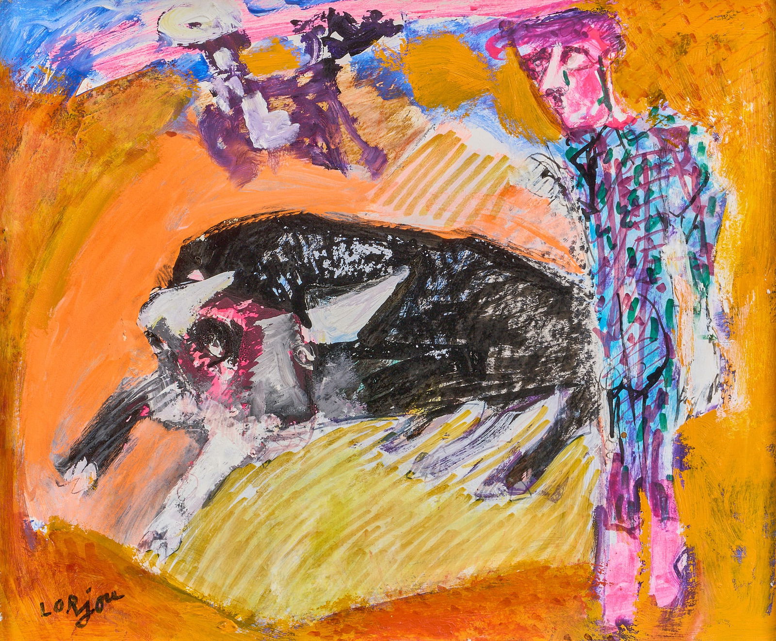 Bernard Lorjou, Matador and Bull: Bernard Lorjou (France, 1908-1986), abstracted matador and bull scene, mixed media including acrylic and ink on canvas, signed lower left, with Matthews Gallery sticker on the verso sight: 15 x 18 in.