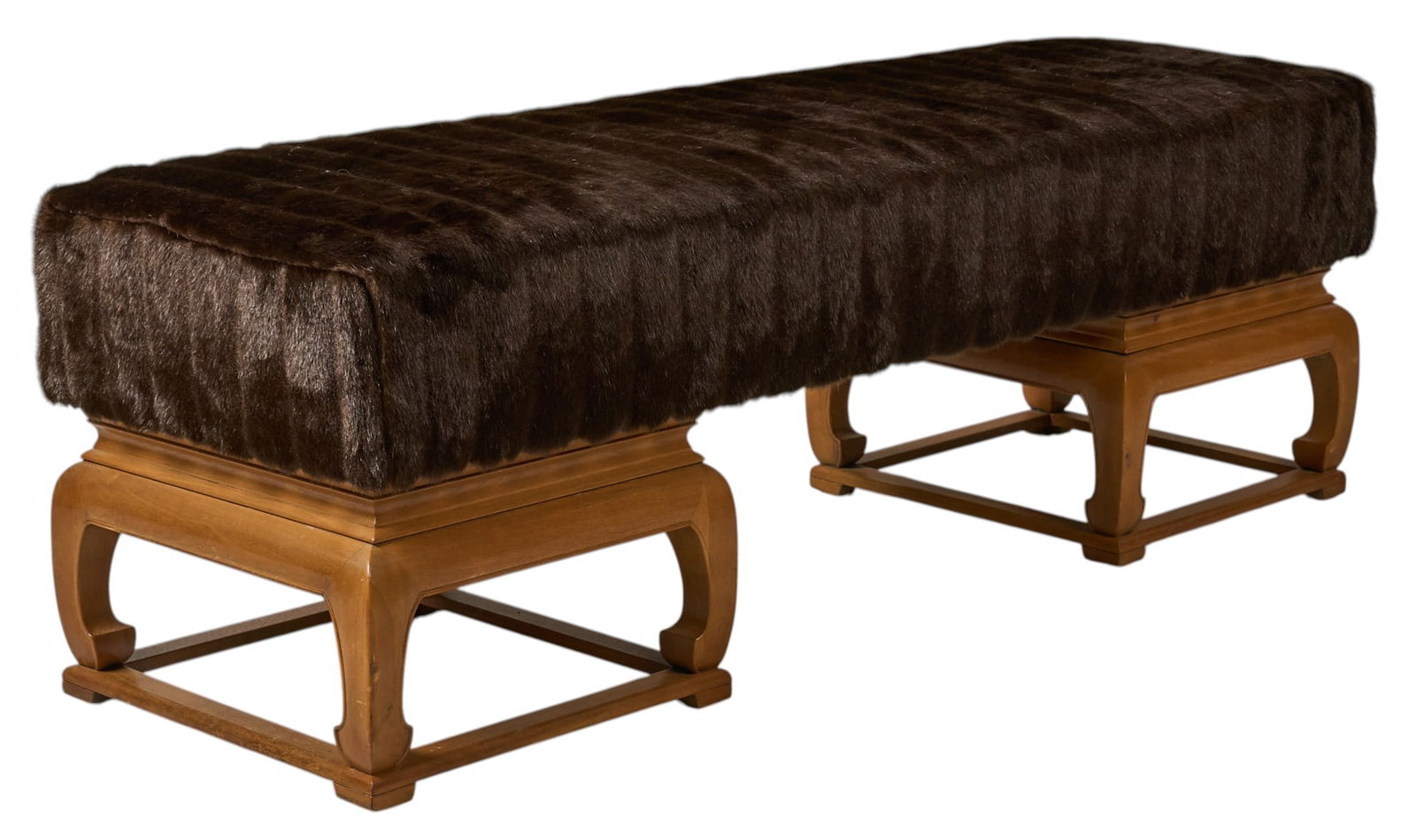 Vintage Mid-Century Ming Style Bench: Vintage mid-century modern bench, with Ming style legs, and faux mink upholsteryheight 20 in. x width 61 in. x depth 18 in. Provenance: Property from a home in San Antonio, Texas