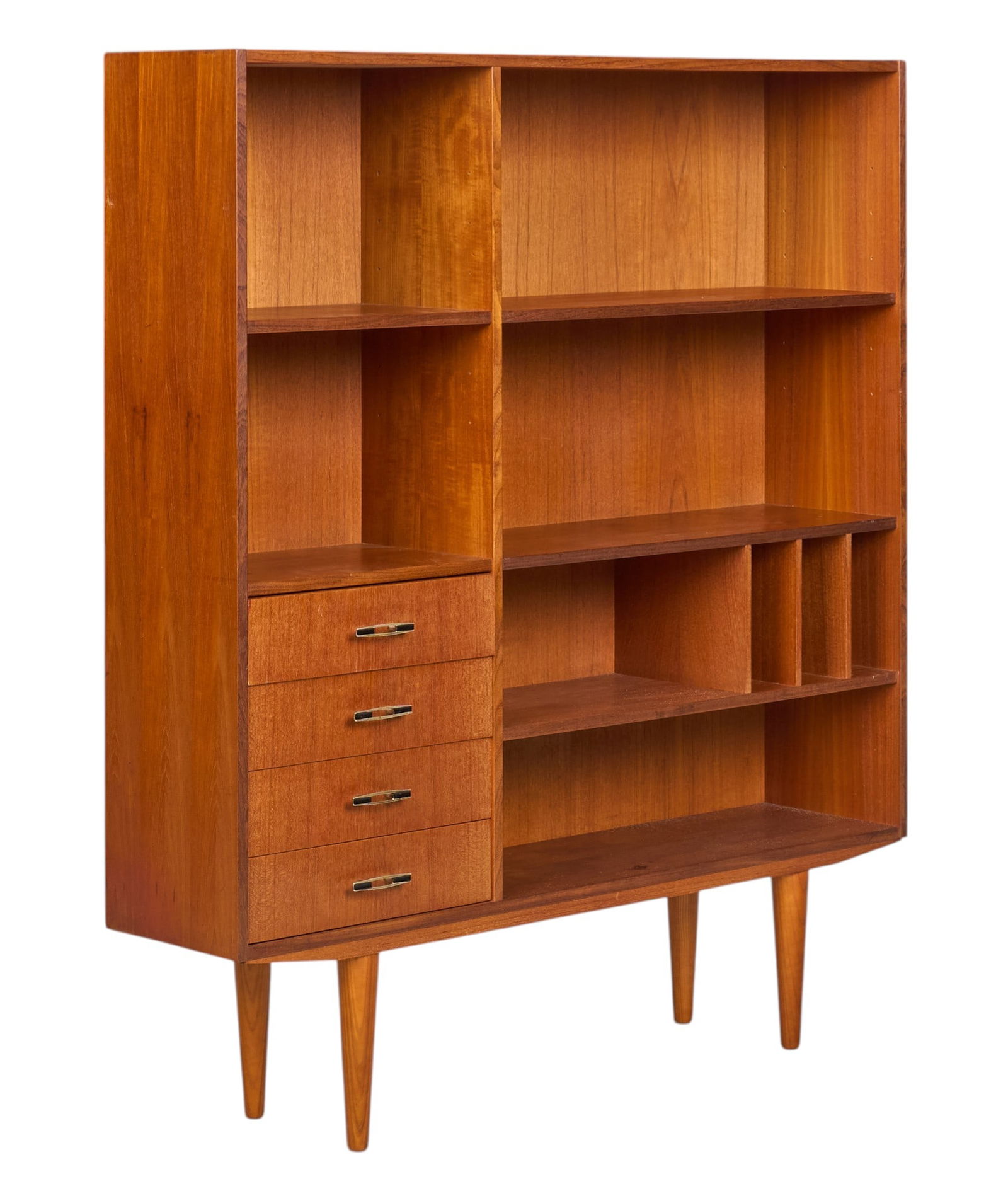 Danish Mid-Century Bookcase: Danish mid-century bookcase with shelves plus four drawers with metal pulls, supported on pin legs height 54 in. x width 47.5 in. x depth 10.75 in. 
