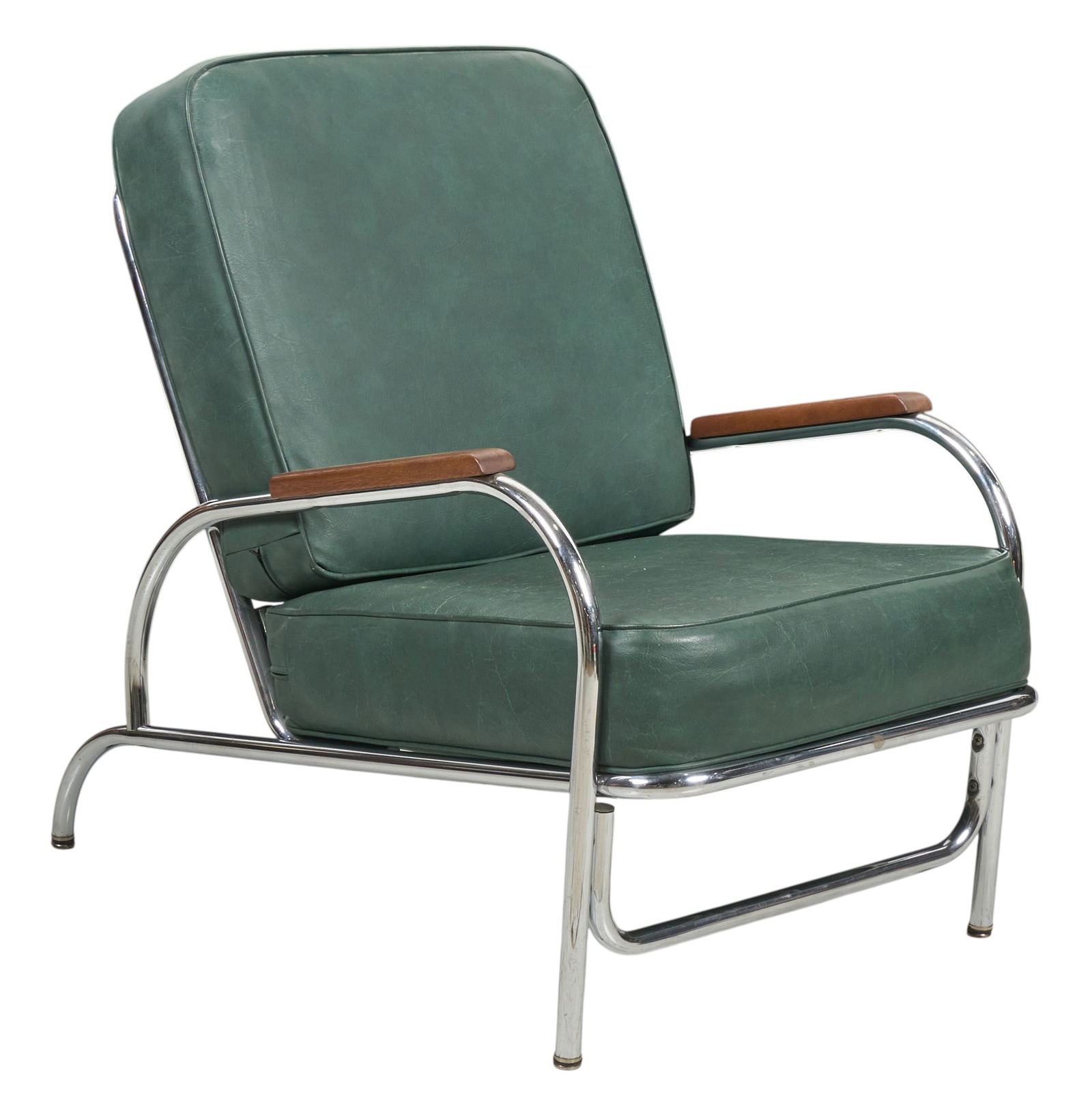 Chrome & Leather Lounge Chair: Lounge chair with removable green leather cushions, on bent chrome frame featuring wooden details to armrestsheight 35 in. x width 26 in. x depth 27 in.Provenance: Property from a San Antonio, Texas