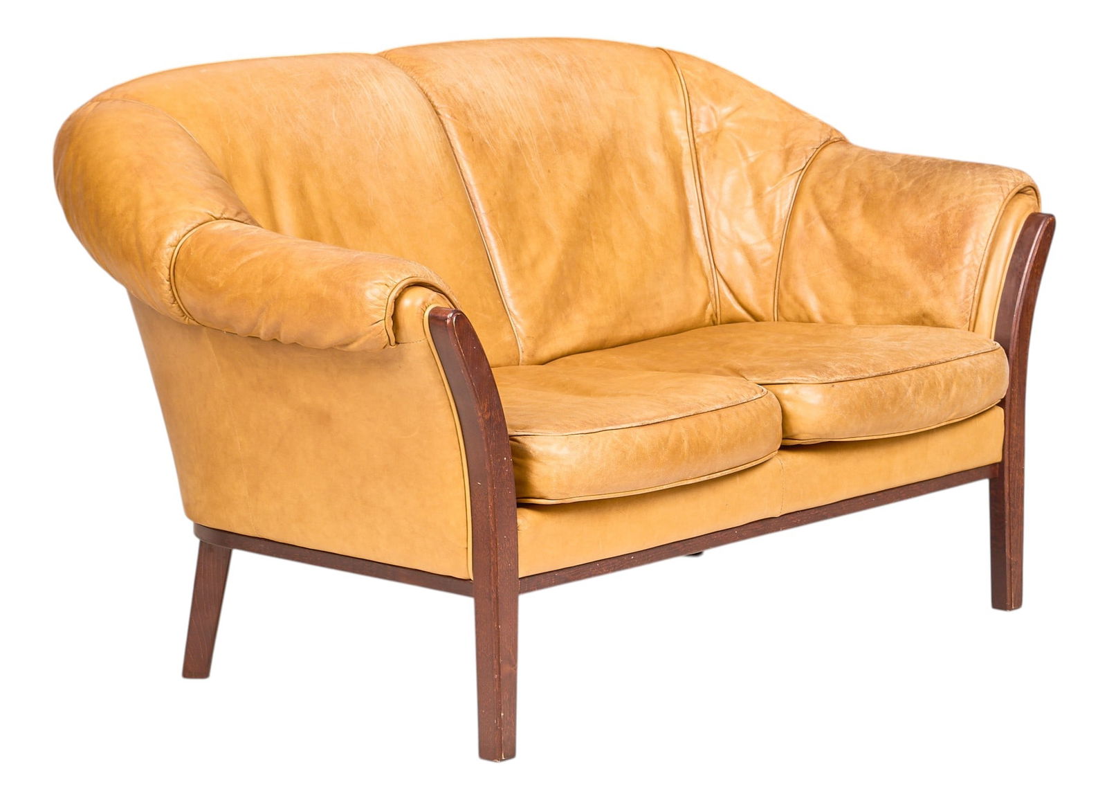 Interface, Leather Loveseat: Interface (Finland) mid-century loveseat with yellowish brown leather seat, supported on block legs, marked with metal label on side height 32 in. x width 51 in. x depth 31 in. 