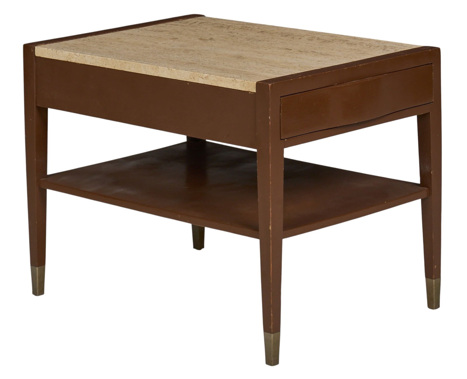 Mid-Century Modern Side Table: Mid-century modern two-tiered side table, with stone top, wooden second tier surface, on tapered block legsheight 22 in. x width 20.5 in. x depth 30 in.Provenance: Property from a home in San