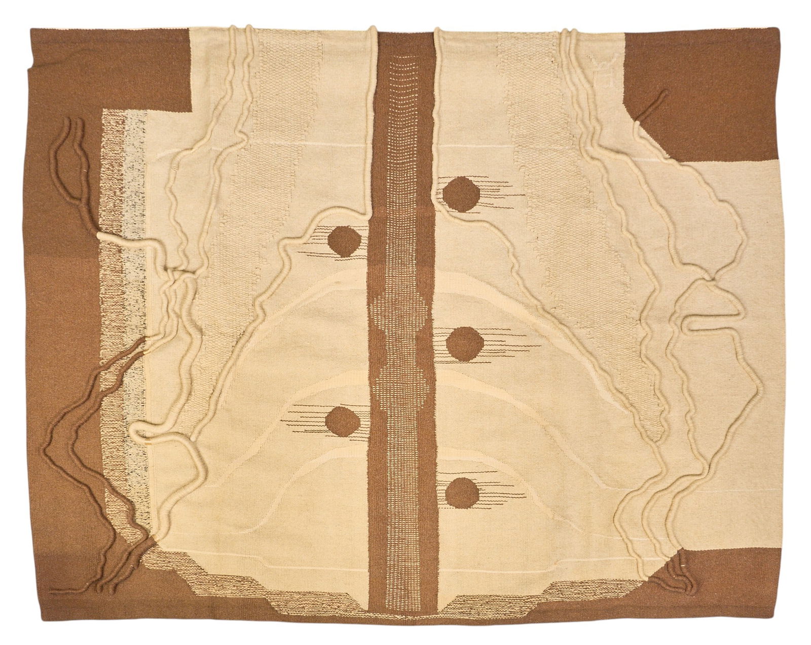 Large Mid-Century Tapestry: Large mid-century handwoven wool tapestry with dimensional organic root forms, weaver's mark at upper right seeming to form a stacked W and H; accompanied by wooden plank with attached