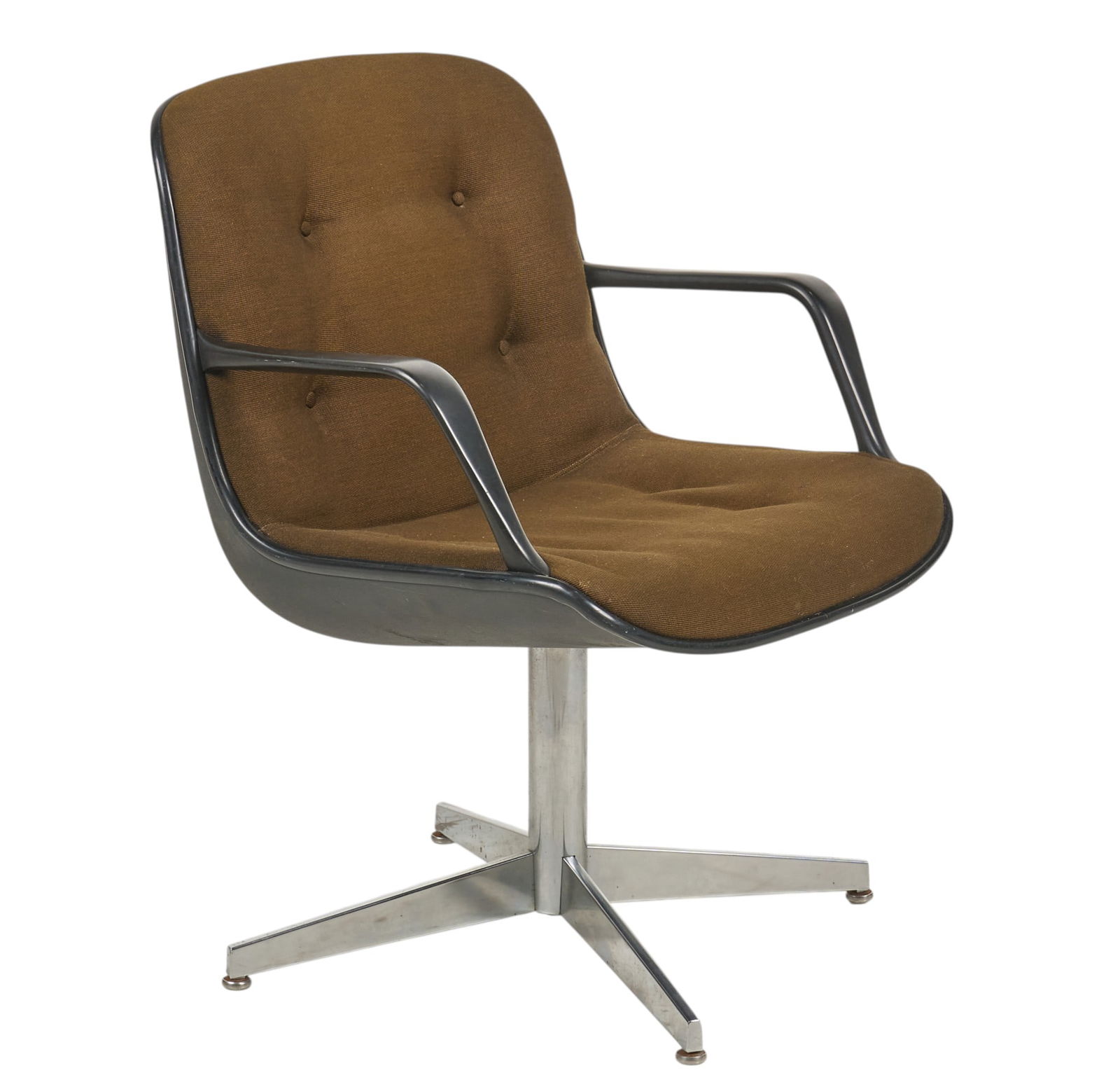 Brown Upholstered Armchair: Mid-century swivel chair featuring brown button-tufted upholstery, black armrests, raised on aluminum baseheight 33 in. x width 25 in. x depth 26 in.Provenance: Property from a home in San