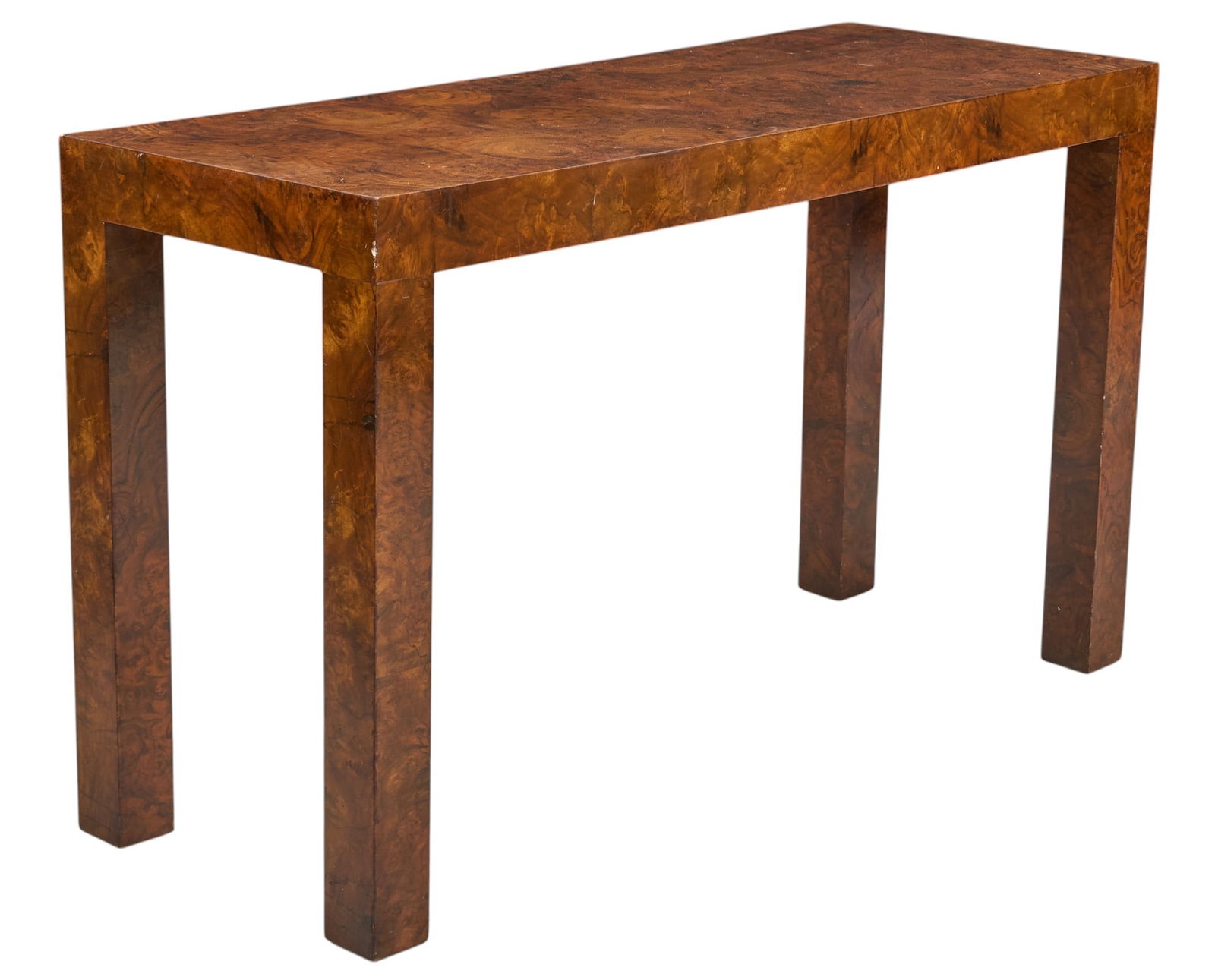 Vintage Burlwood Entry Table: Vintage entry table with burlwood veneer, supported on block legs height 29 in. x width 47 in. x depth 18 in. Provenance: Property from a home in San Antonio, Texas