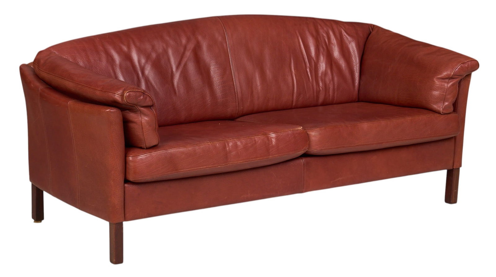 Danish Mid-Century Sofa: Danish mid-century red leather sofa, supported on block legs height 32 in. x width 76 in. x depth 28.5 in. 