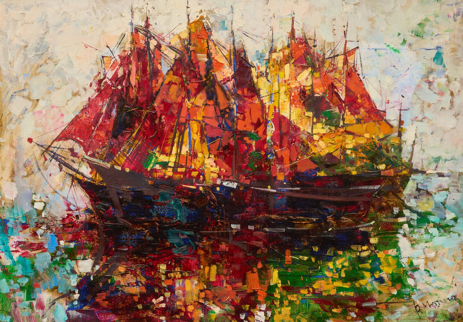 Decorative Ship Painting: Colorful impasto ship painting, oil on canvas, signed P. Morro lower rightsight: 27 x 39 in., frame: 33.5 x 45 in.Provenance: Property from a home in San Antonio, Texas