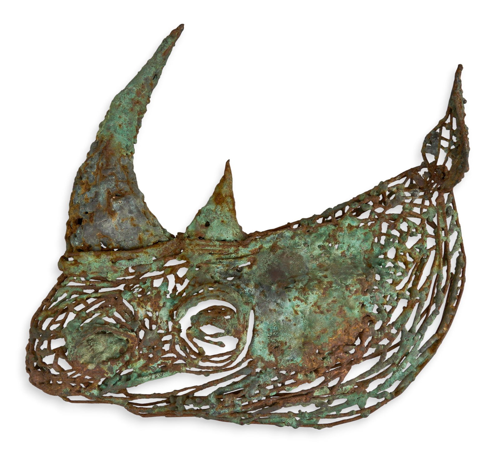 Jacqui von Honts, Rhino Wall Sculpture: Jacqui von Honts (Texas, 1936-2011), Brutalist style wall sculpture of a rhinoceros head, mixed metals, with oxidization effects height 14.5 in. x width 17 in. x depth 7.5 in. Provenance: P