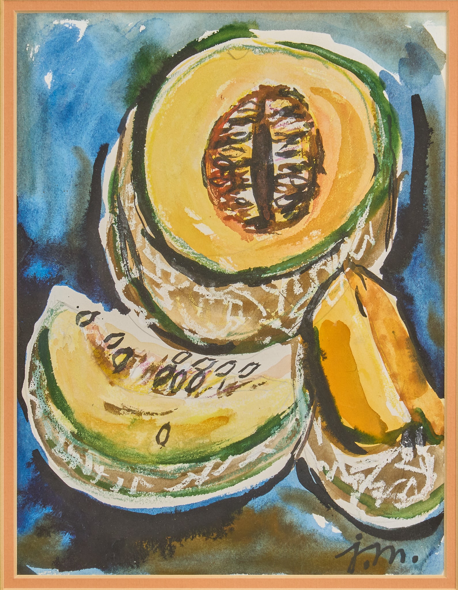Josephine Mahaffey, "Cantaloupes": Josephine Mahaffey (Texas, 1903-1982), "Cantaloupes", watercolor on paper, signed lower right sight: 6 x 12 in., frame: 19 x 16.5 in. Provenance: Property from an Arlington, Texas collection