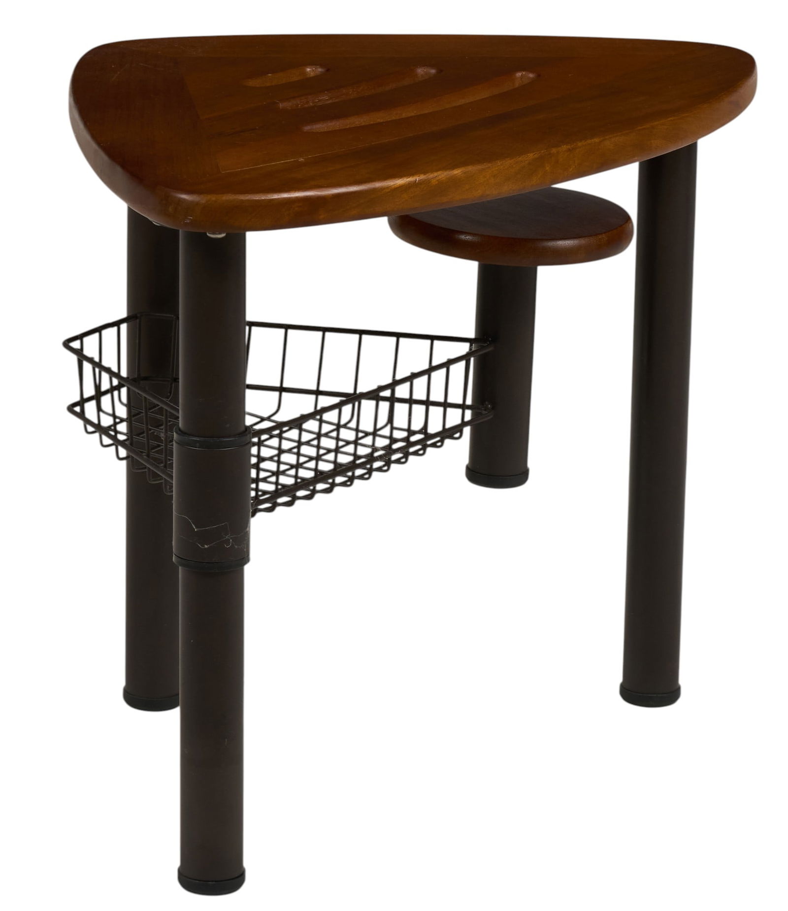 Triangular Wooden Side Table with Basket - 2