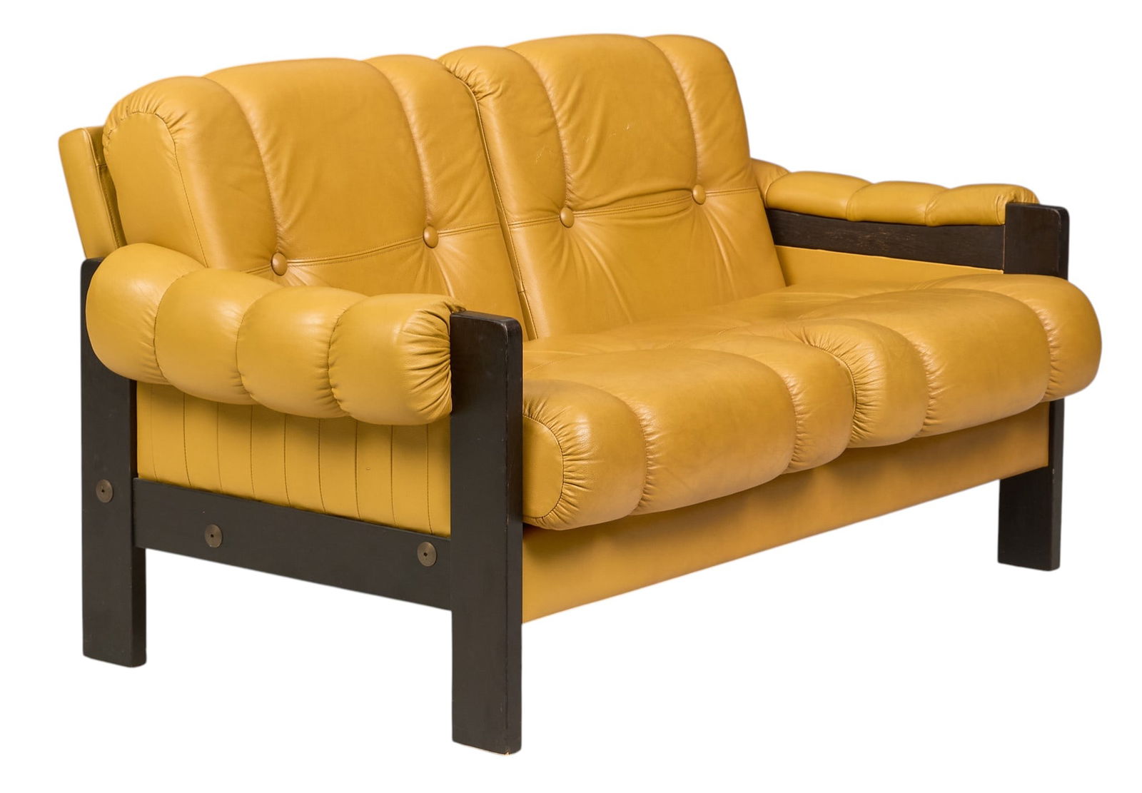 Danish Mid-Century Leather Loveseat: Danish mid-century loveseat with yellow leather cushioned and padded armrests,supported on black wooden frame height 27.5 in. x width 55 in. x depth 33 in. 