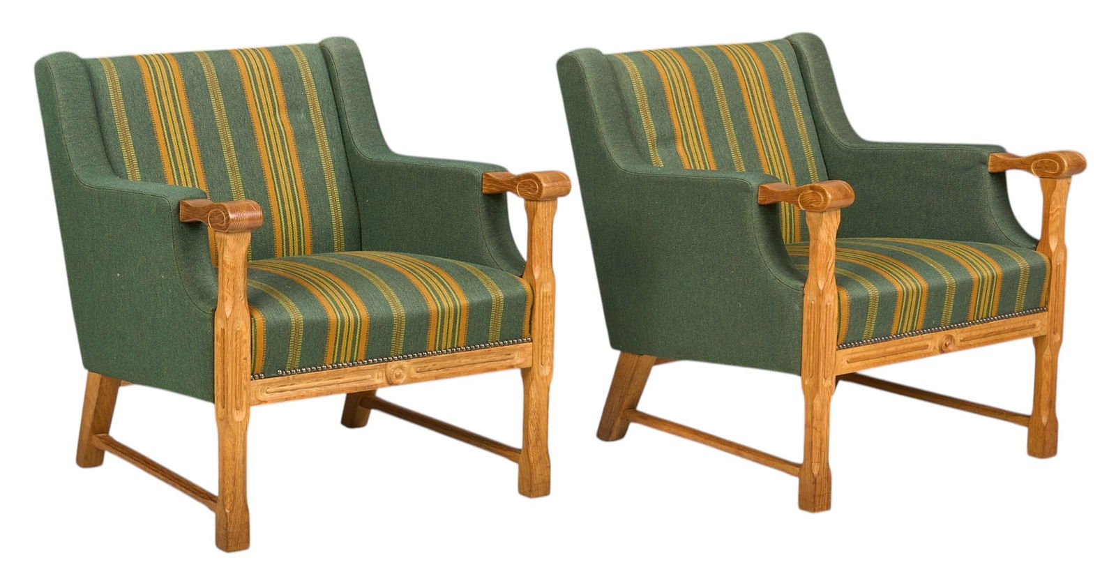 Pair of Henning Kjaernulf Oak Armchairs: Pair of Henning Kjærnulf (Denmark) mid-century armchairs, with green and yellow striped upholstery, supported by an oak frame with splayed back legsheight 30 in. x width 27 in. x depth 27