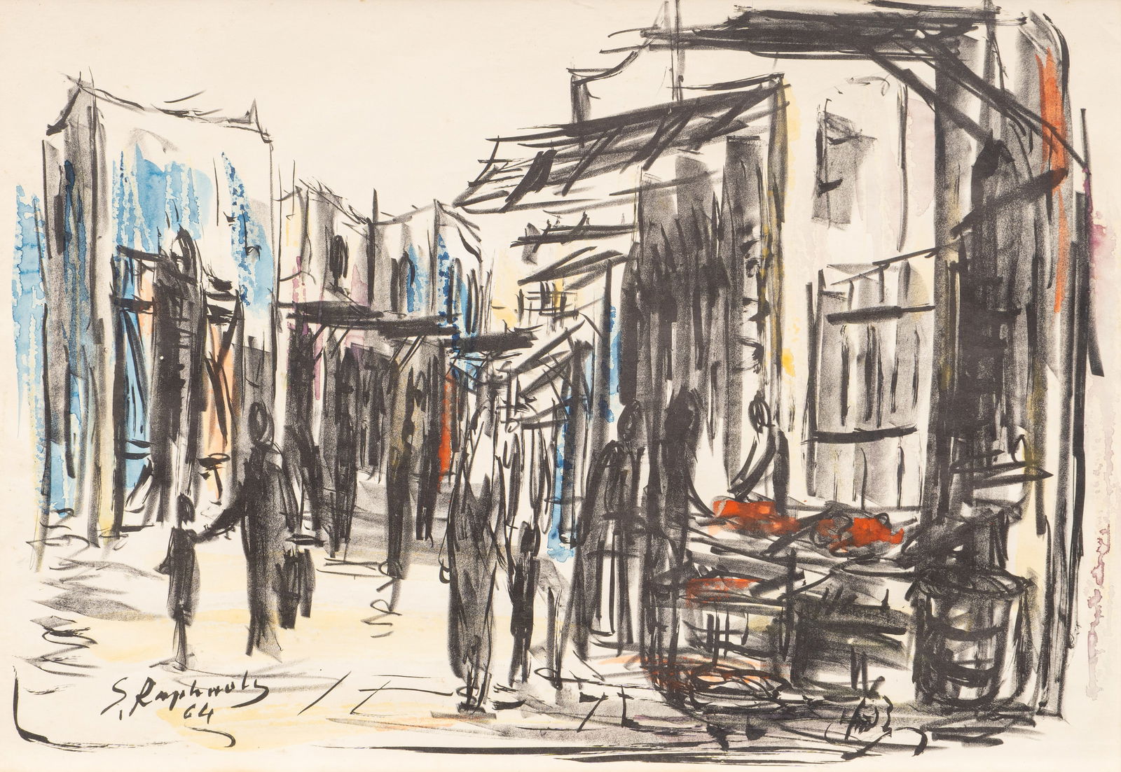 Zvi Raphaeli, City Street Scene, 1964: Zvi Raphaeli (Israel / Amer., 1924-2005), city street scene, watercolor and wash, signed and dated lower left, 1964sight: 13.5 x 18.5 in., frame: 14.5 x 20.5 in.Provenance: Property