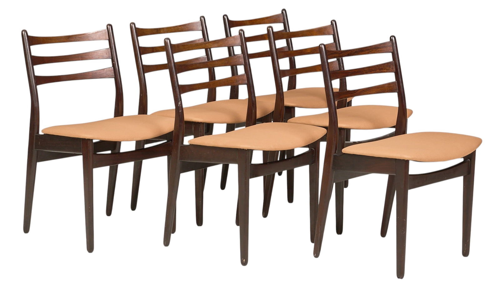 Set of (6) Danish Mid-Century Dining Chairs: Set of six Danish mid-century dining chairs with stylized ladderbacks, and seats with beige fabric upholstery, supported on pin legsheight 32 in. x width 20 in. x depth 15 in. / each 