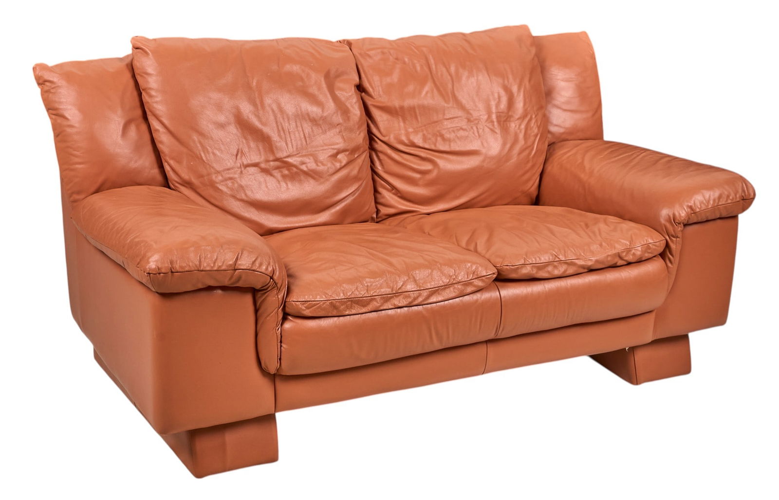 Mid-Century Modern Leather Loveseat: Mid-century modern leather loveseat in the style of Niels Eilersen, with padded armrests and leather upholstered frame and legs height 35 in. x width 87 in. x depth 34 in. Provenance: P