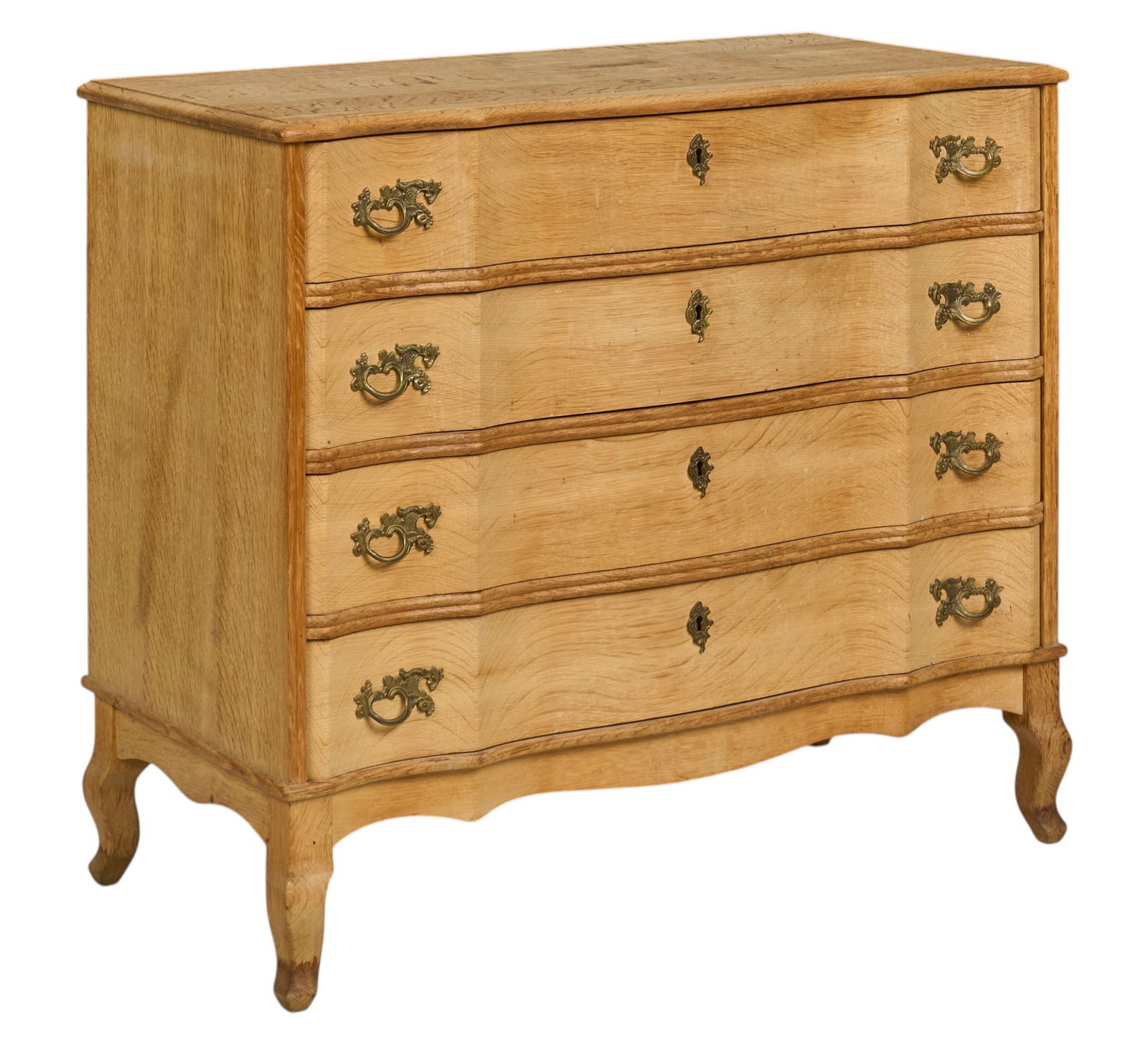 Danish Mid-Century Dresser: Danish mid-century dresser with four serpentine front drawers with decorative brass pulls, supported on simple cabriole legs height 33 in. x width 38 in. x depth 18.25 in. 