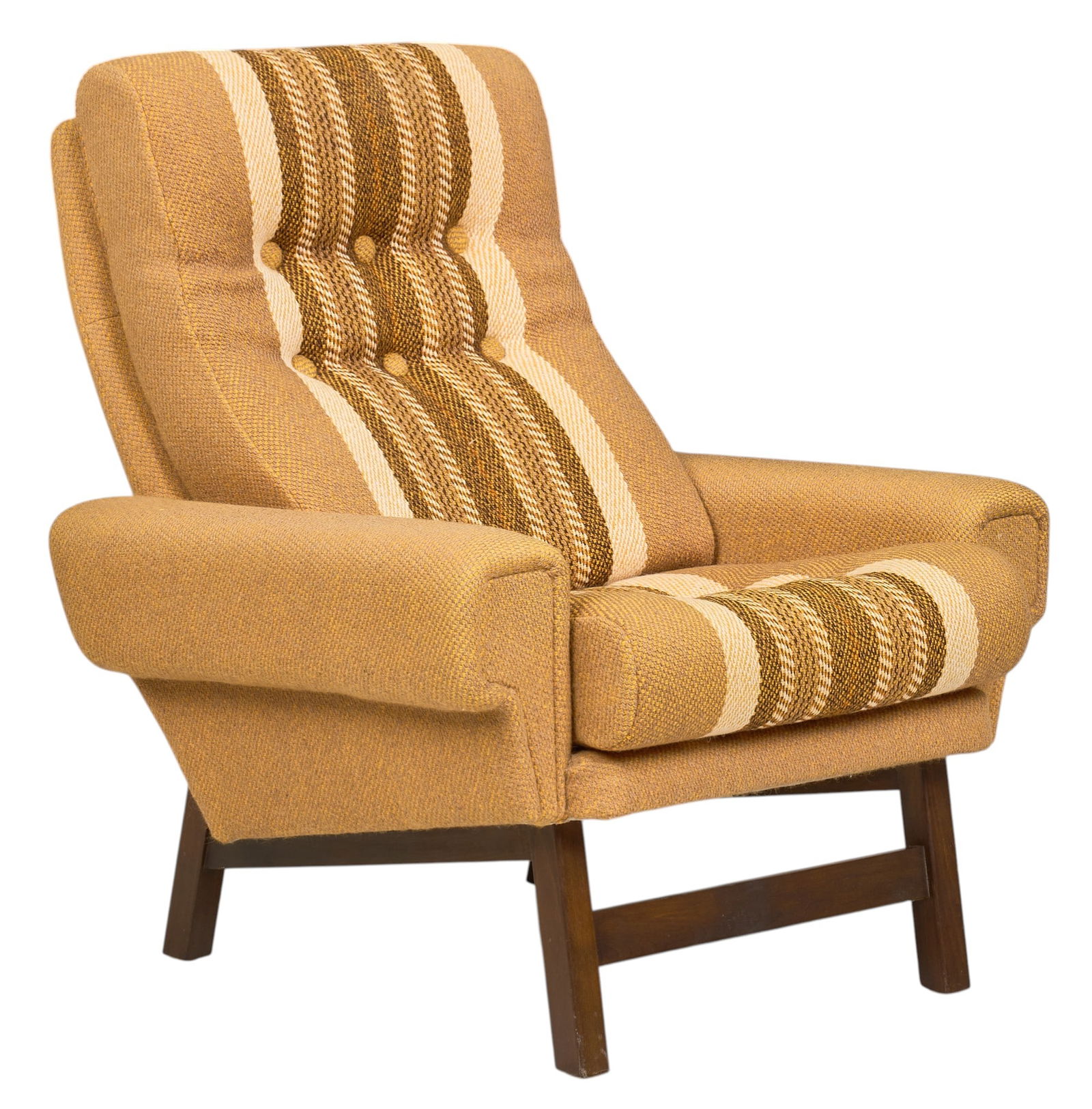 Danish Mid-Century Club Chair: Danish mid-century club chair with yellow-tone wool upholstery, supported on block legs height 39 in. x width 35 in. x depth 36 in. 
