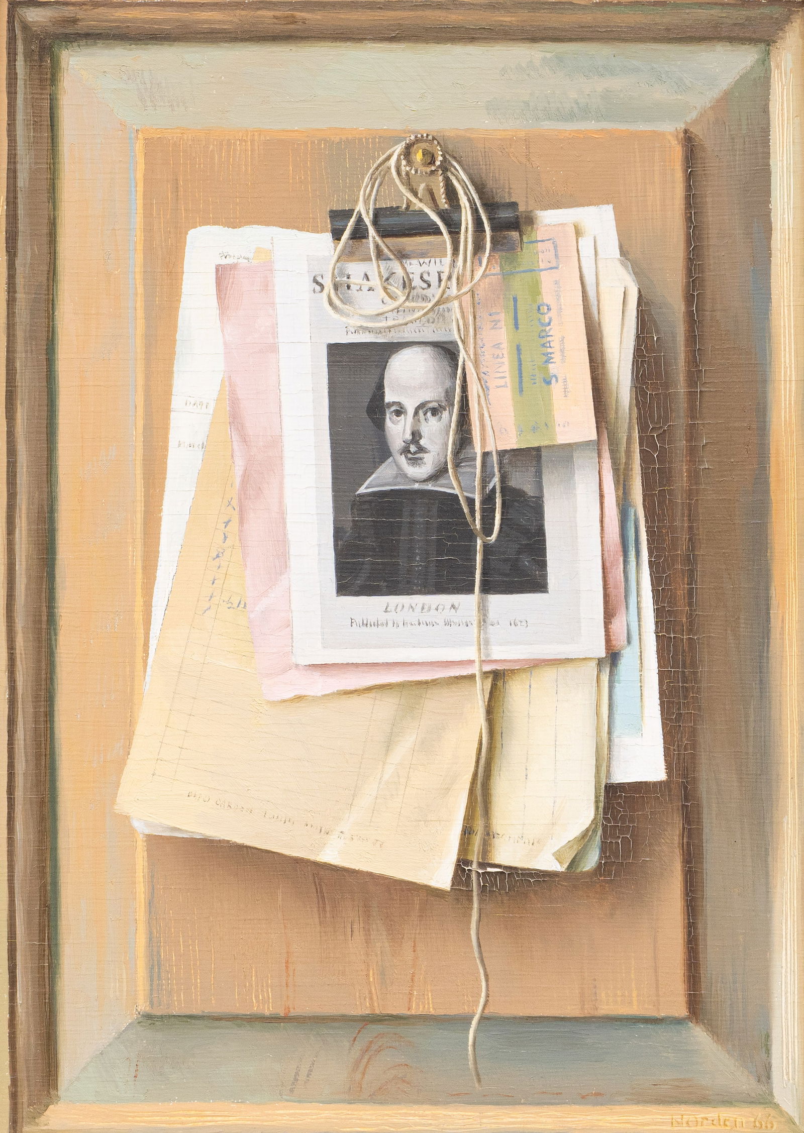 Gerald Norden, Trompe l'oeil with Shakespeare, 1966: Gerald Norden (England, 1912-2000), trompe l'oeil still life with Shakespeare card and stack of papers, oil on wood panel, with some craquelure/lifting, signed and dated at lower right, 1966