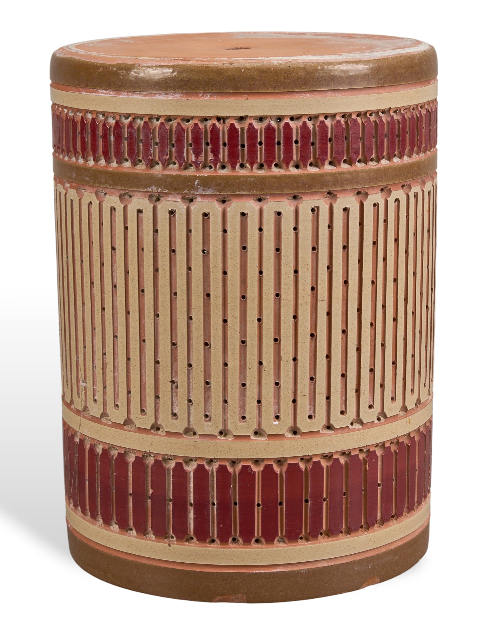 Beaumont Mood Light Fixture: Beaumont Mood (San Antonio, Texas) light fixture, with ceramic body, glazed in cream, brown, and red, featuring incised and perforated accents height 15 in. x diameter 11.25 in.