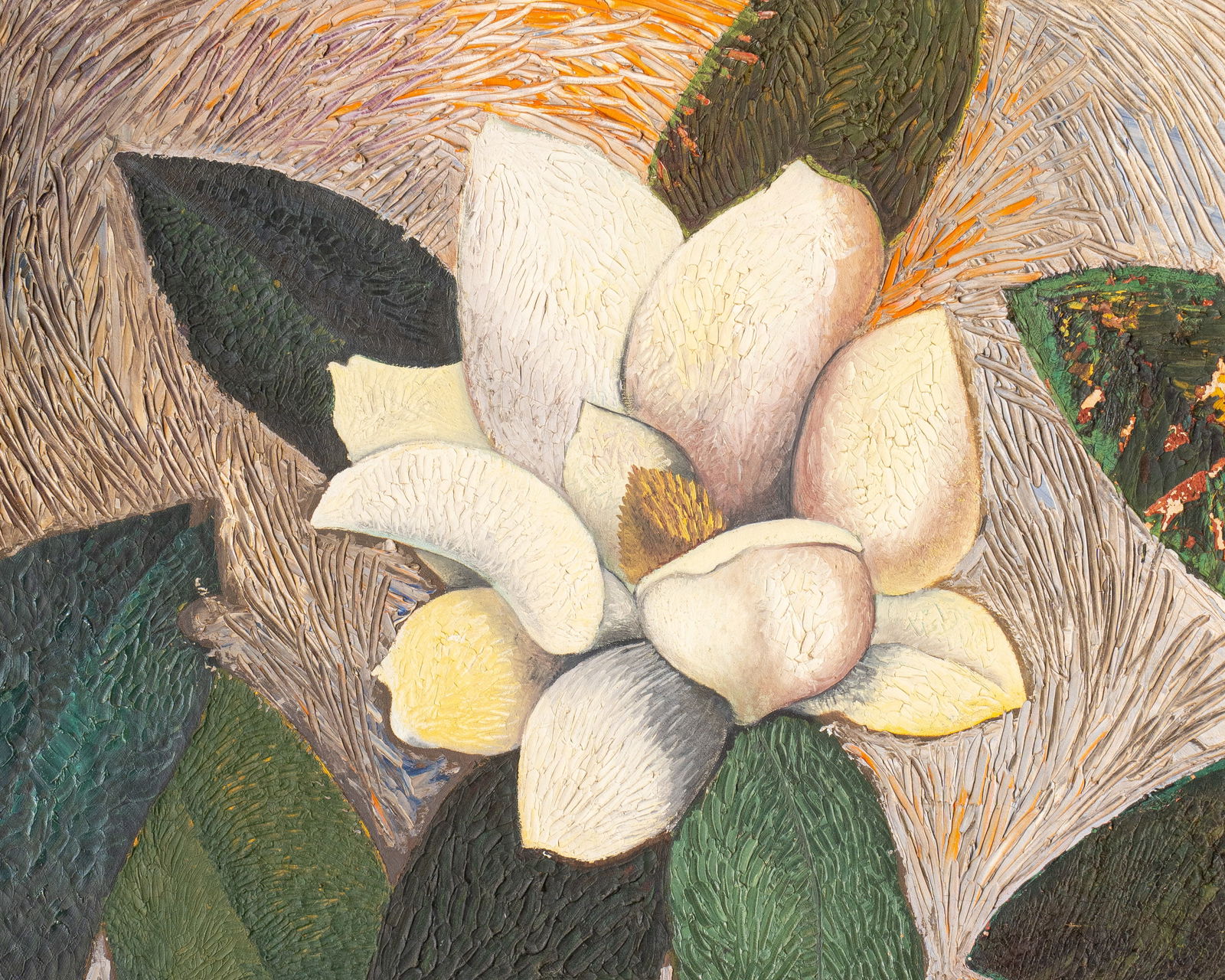 Bill Bristow, "Magnolia", 1955: William Arthur "Bill" Bristow (Texas, 1937-2022), "Magnolia", oil on canvas, not signed, with 1955 exhibition label from the Witte Memorial Museum on the versosight: 20 x 16