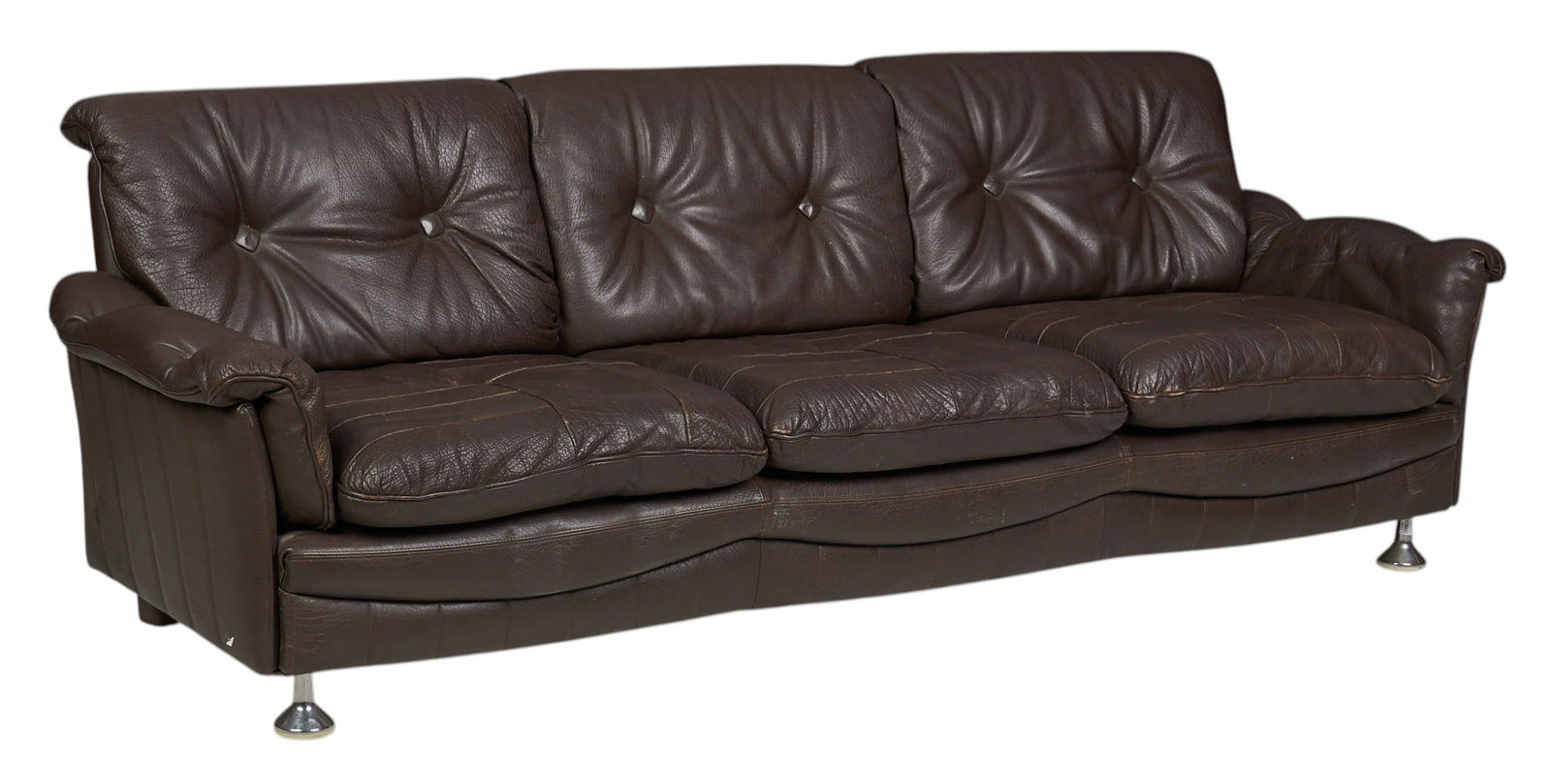 Danish Mid-Century Sofa: Danish mid-century sofa with dark brown leather upholstery, supported on chrome front legs and block back legsheight 29 in. x width 87 in. x depth 48 in. 