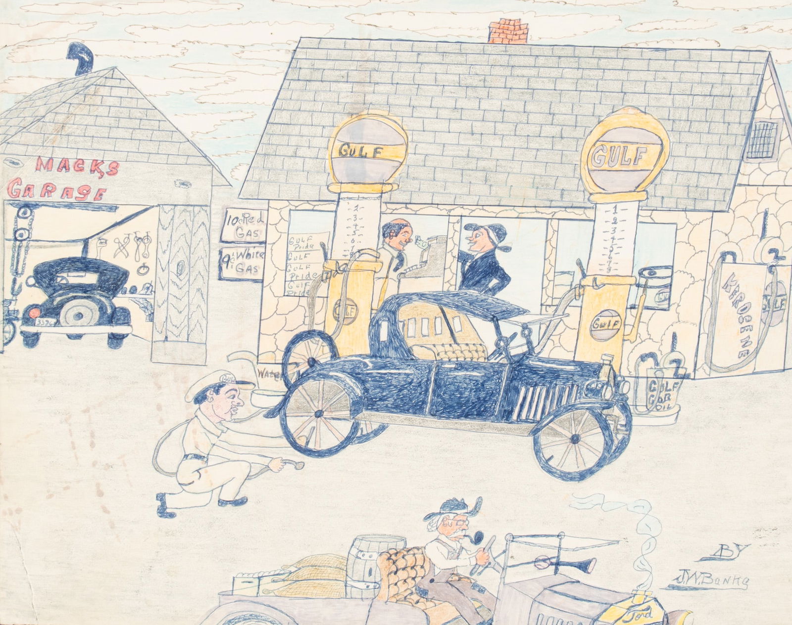Johnny Banks, Gulf Service Station: John Willard Banks (Texas, 1912-1988), Gulf Oil service station scene, colored pens on paper, signed lower rightsight: 11 x 15 in., frame: 17 x 20 in.Provenance: Property from a home in San