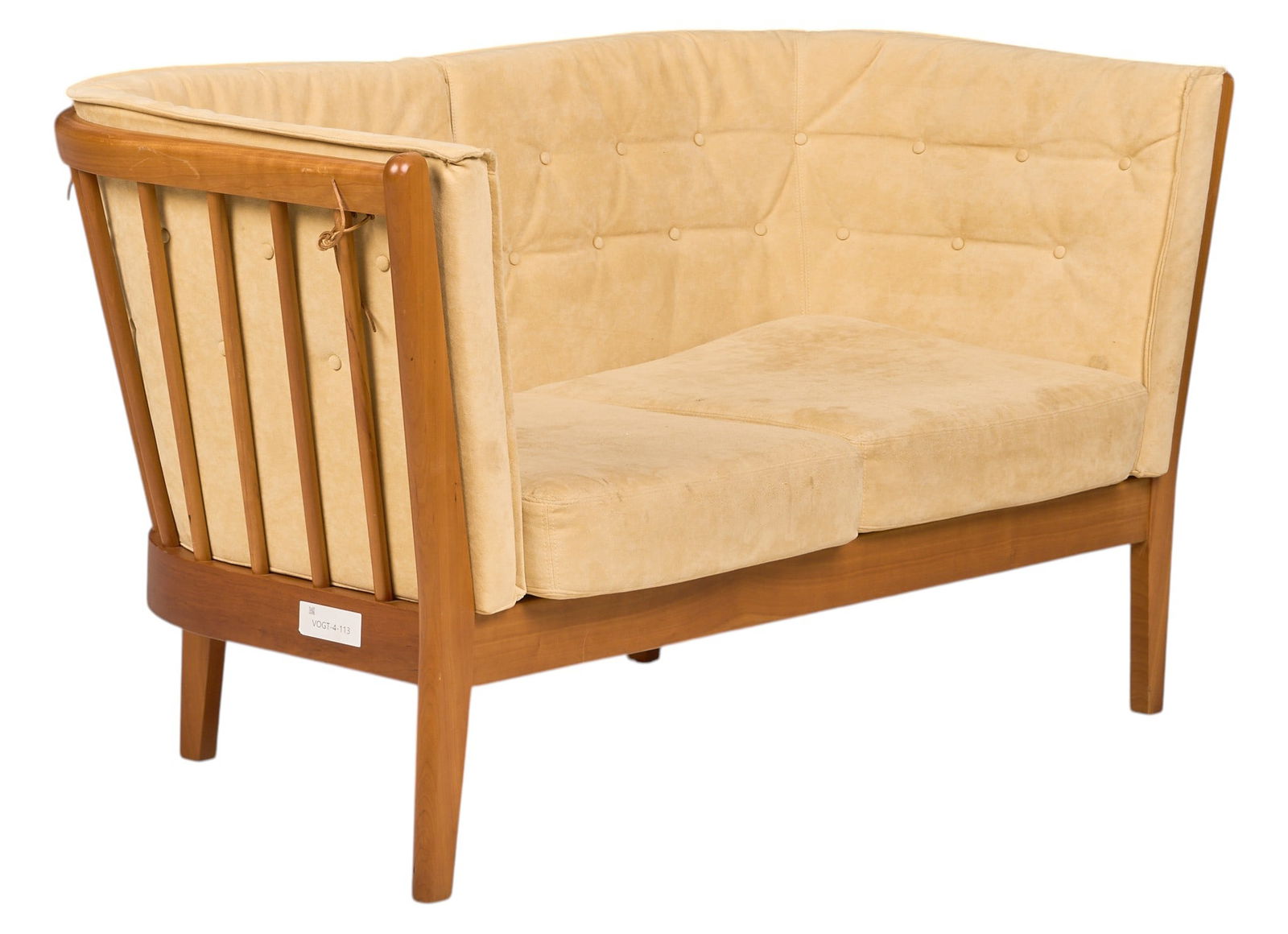 Danish Mid-Century Loveseat: Danish mid-century loveseat with beige fabric upholstery, supported on block legs height 31 in. x width 60 in. x depth 28 in. 