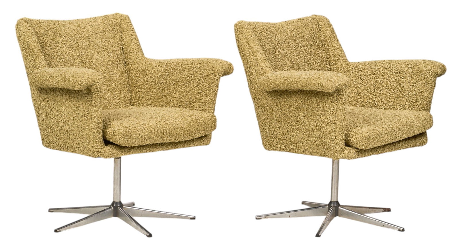 Pair of Danish Mid-Century Shaggy Swivel Chairs: Pair of Danish mid-century swivel chairs with avocado green shaggy upholstery, on metal basesheight 30 in. x width 30 in. x depth 26 in. / each 