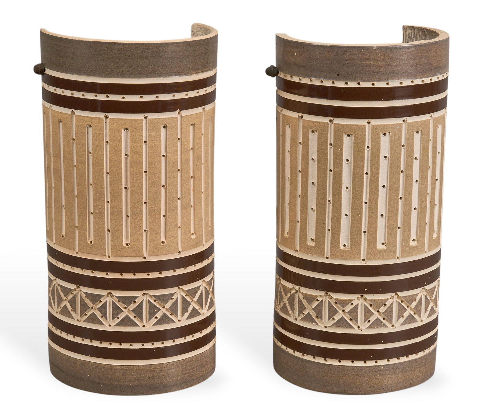 Pair of Beaumont Mood Sconces: Pair of Beaumont Mood (San Antonio, Texas) ceramic wall sconces, with geometric patterns in gray, brown, and beige tones and perforated accents, polychrome glaze height 14 in. x wi