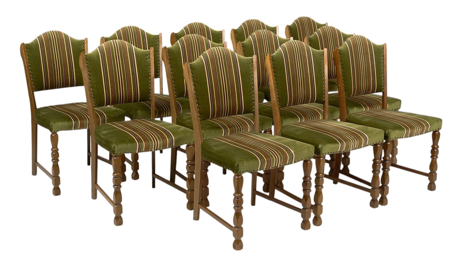 Set of (12) Henning Kjaernulf Mid-Century Dining Chairs: Set of twelve Henning Kjaernulf (Denmark) dining chairs with camel backs, striped green and brown upholstery with metal nailhead trim, and supported on block legs height 36 in. x width 19 in. x depth