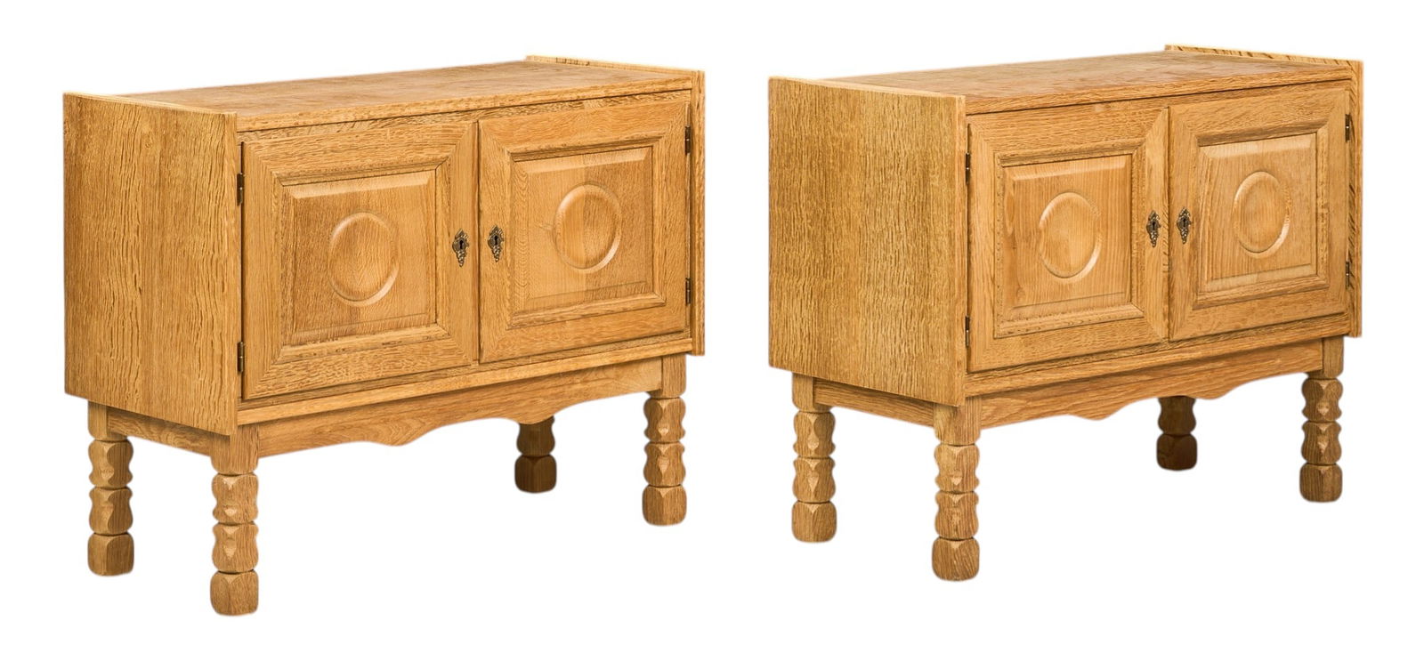 Pair of Danish Mid-Century Side Cabinets: Pair of Danish mid-century side cabinets with pair of doors opening to interior with single shelf, supported on sculptured block legs, marked with Carl Eriksens Mobelfabriker manufacturer label on bac