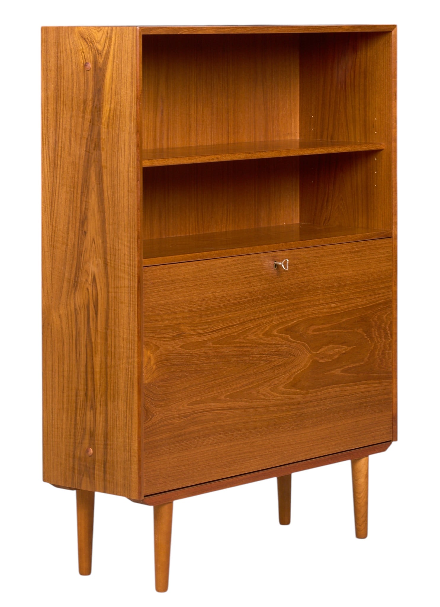 Skovby Mobelfabrik, Mid-Century Bookcase: Skovby Mobelfabrik (Denmark) mid-century bookcase with single shelf and drop down cabinet, supported on pin legs, marked with sticker label on back height 48 in.x width 35.5 in. x width 12 in. 