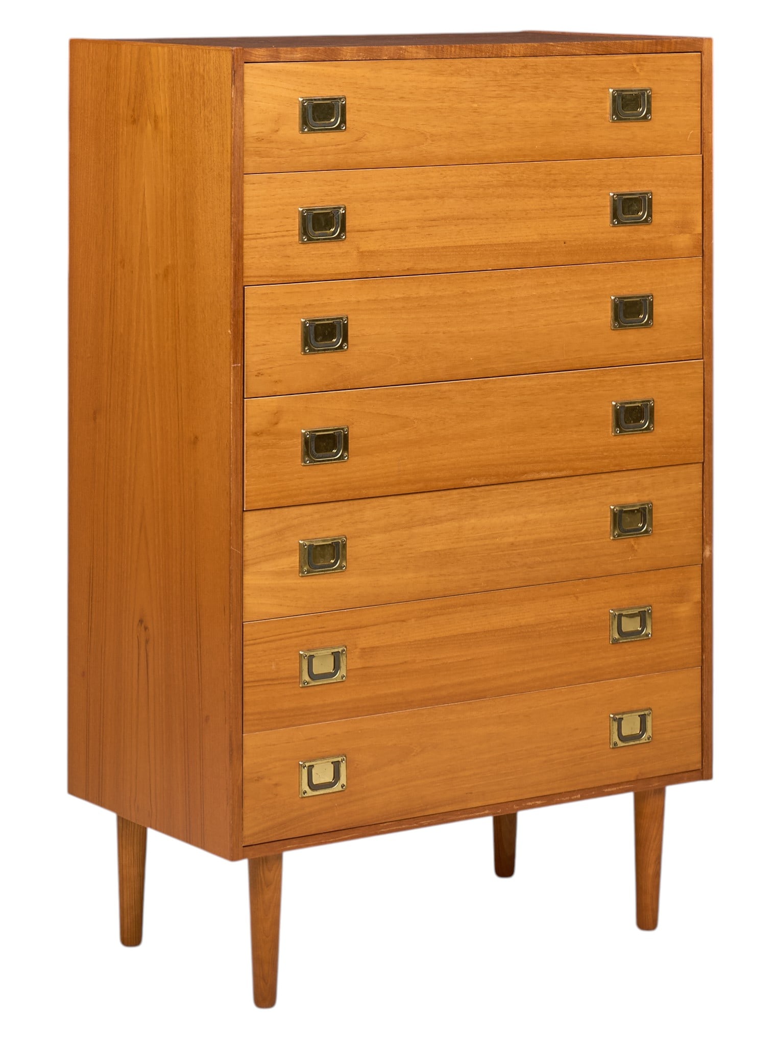 Danish Mid-Century Dresser: Danish mid-century dresser with seven drawers with brass pulls, supported on pin legsheight 47.25 in. x width 30 in. x depth 16.25 in. 