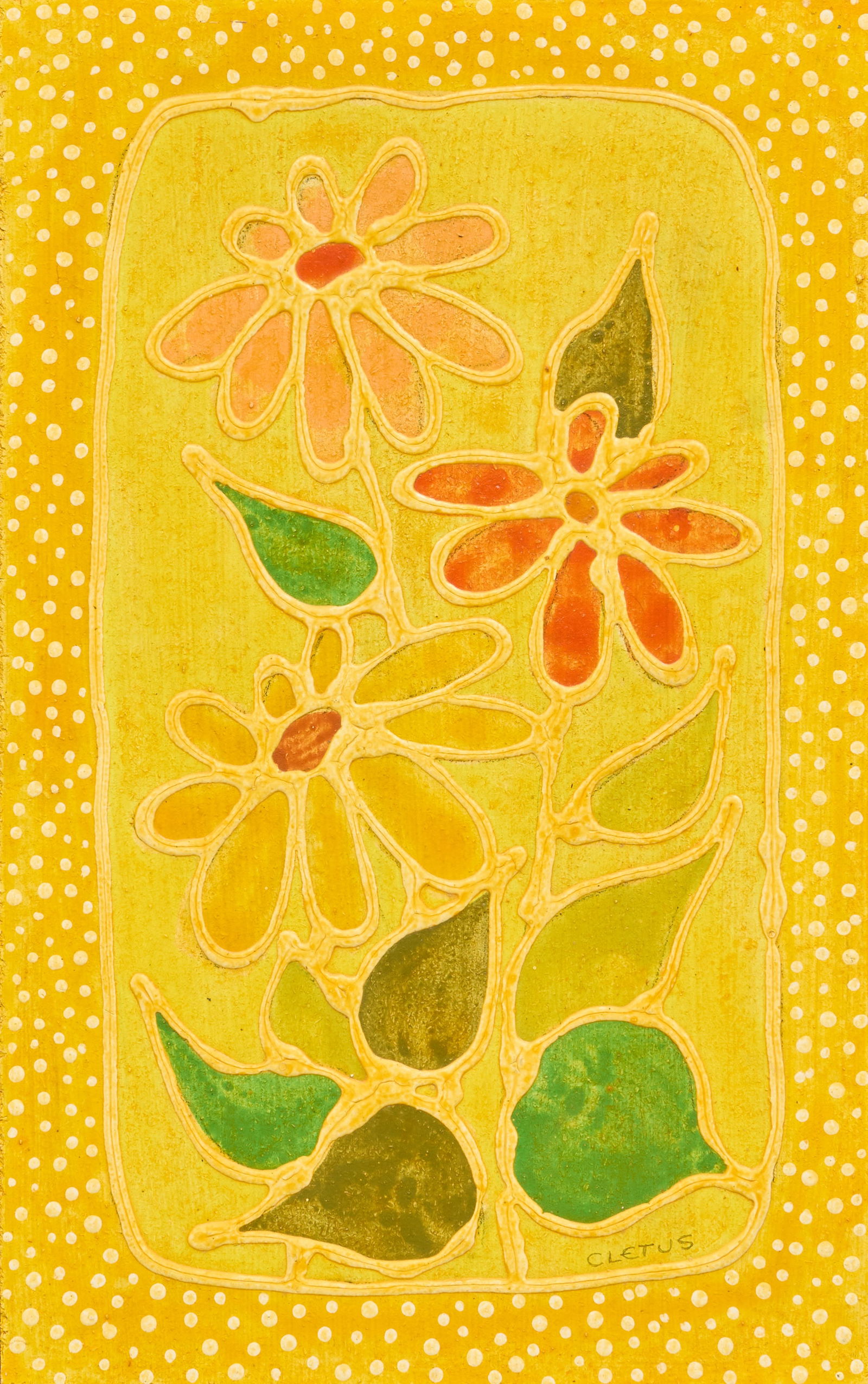 Brother Cletus, Floral Composition: Brother Cletus Behlmann (San Antonio, Texas, 1933-2016), floral composition with colorful border and dots, signed lower right, acrylic on pressed wood panelheight 16.5 in. x width 10.5 in. x depth 1