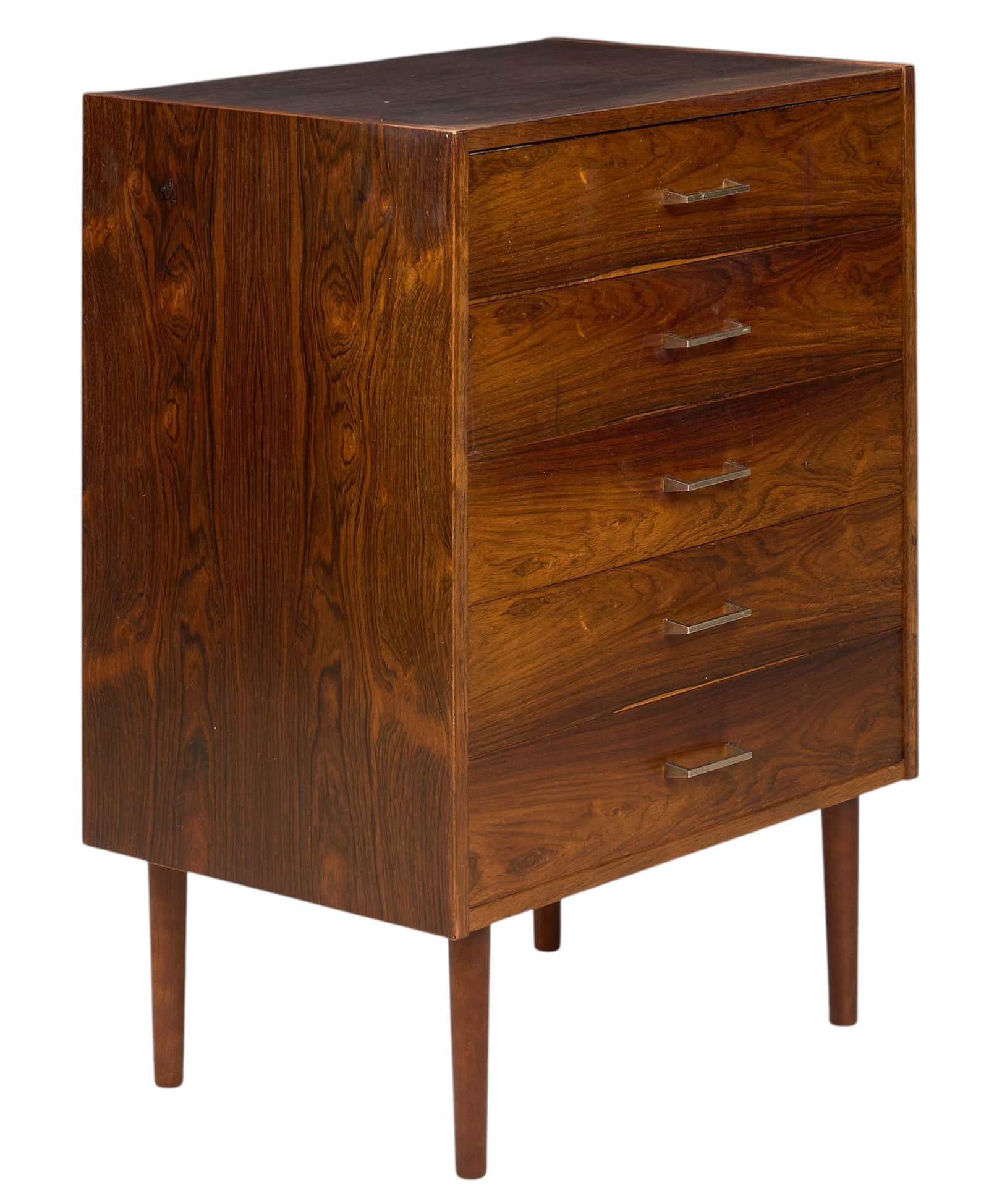 Danish Mid-Century Chest of Drawers: Danish mid-century chest of four drawers with brass pulls, supported on pin legsheight 31.5 in. x width 23.75 in. x depth 15.75 in. 