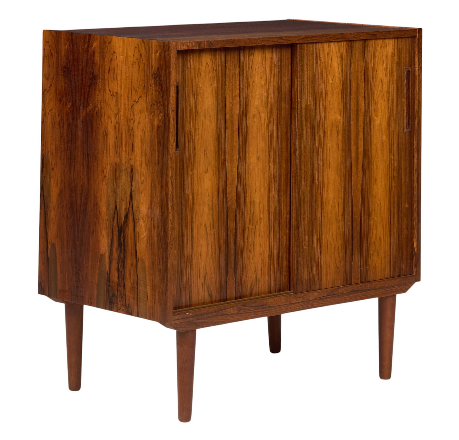 Danish Mid-Century Cabinet: Danish mid-century cabinet with sliding doors opening to interior shelf, supported on pin legsheight 32.5 in. x wdith 31.5 in. x depth 17.5 in. 