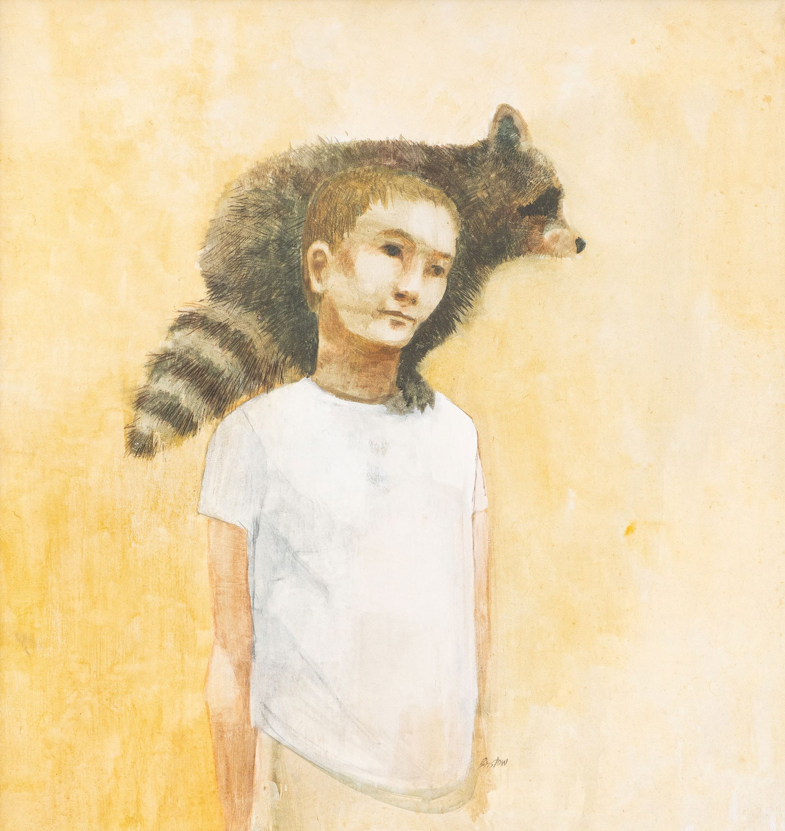 Bill Bristow, Boy with Raccoon: William Arthur "Bill" Bristow (Texas, 1937-2022), portrait of a boy with raccoon perched on his shoulder, mixed media on board, signed lower rightsight: 25 x 24 in., frame: 26 x 24.5