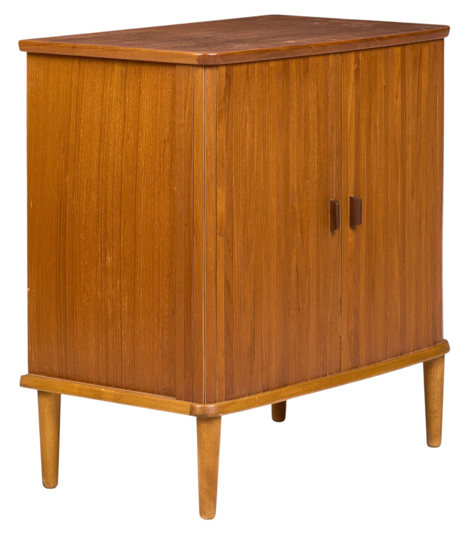 Danish Mid-Century Cabinet: Danish mid-century cabinet with pair of tambour doors and single shelf, supported on pin legsheight 29.5 in. x width 28 in. x depth 16.25 in. 