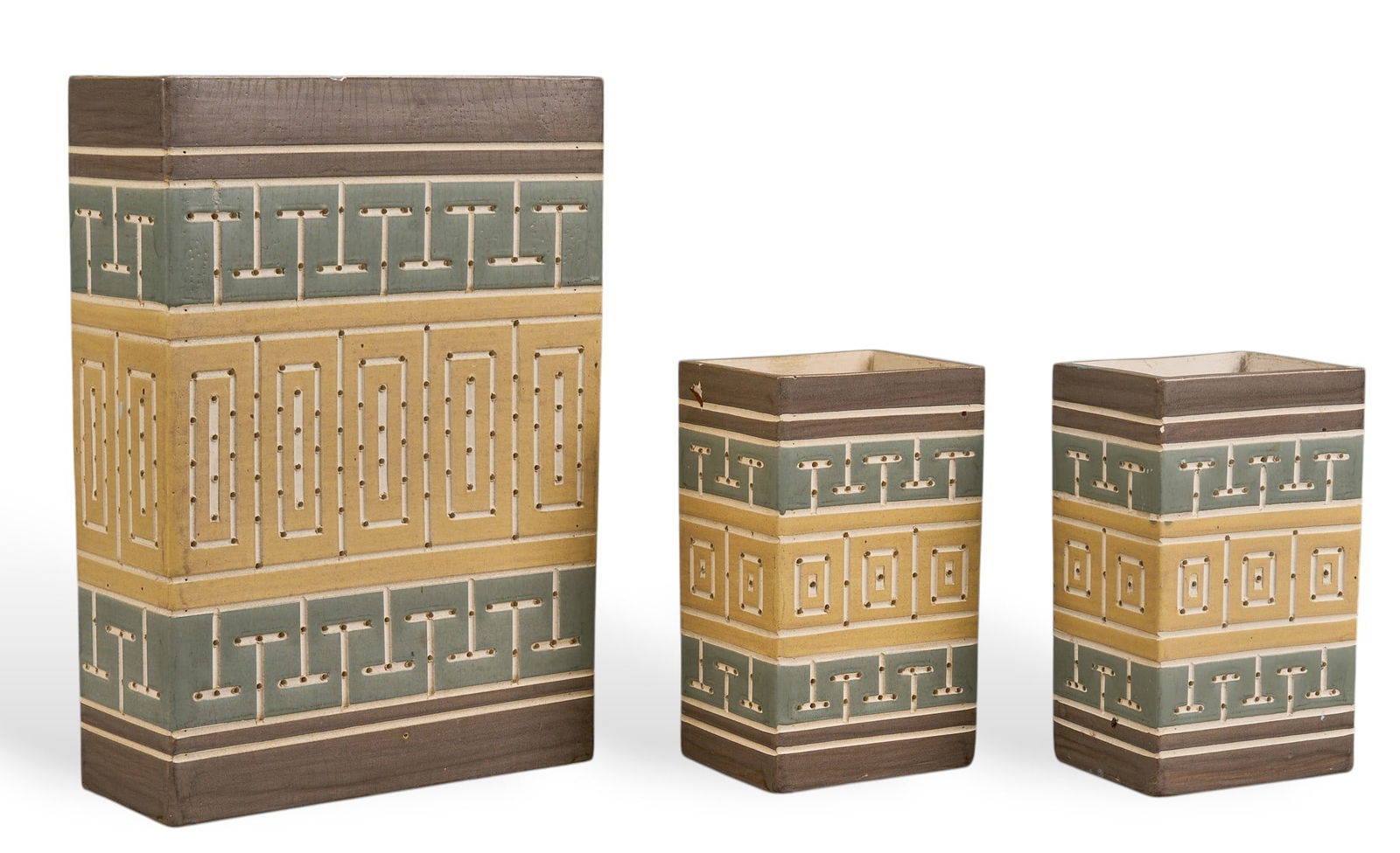 (3) Beaumont Mood Wall Sconces: Three Beaumont Mood (San Antonio, Texas) ceramic wall sconces, with geometric patterns in gray, blue, and beige tones and perforated accents, polychrome glazeheight 16.5 in. x width