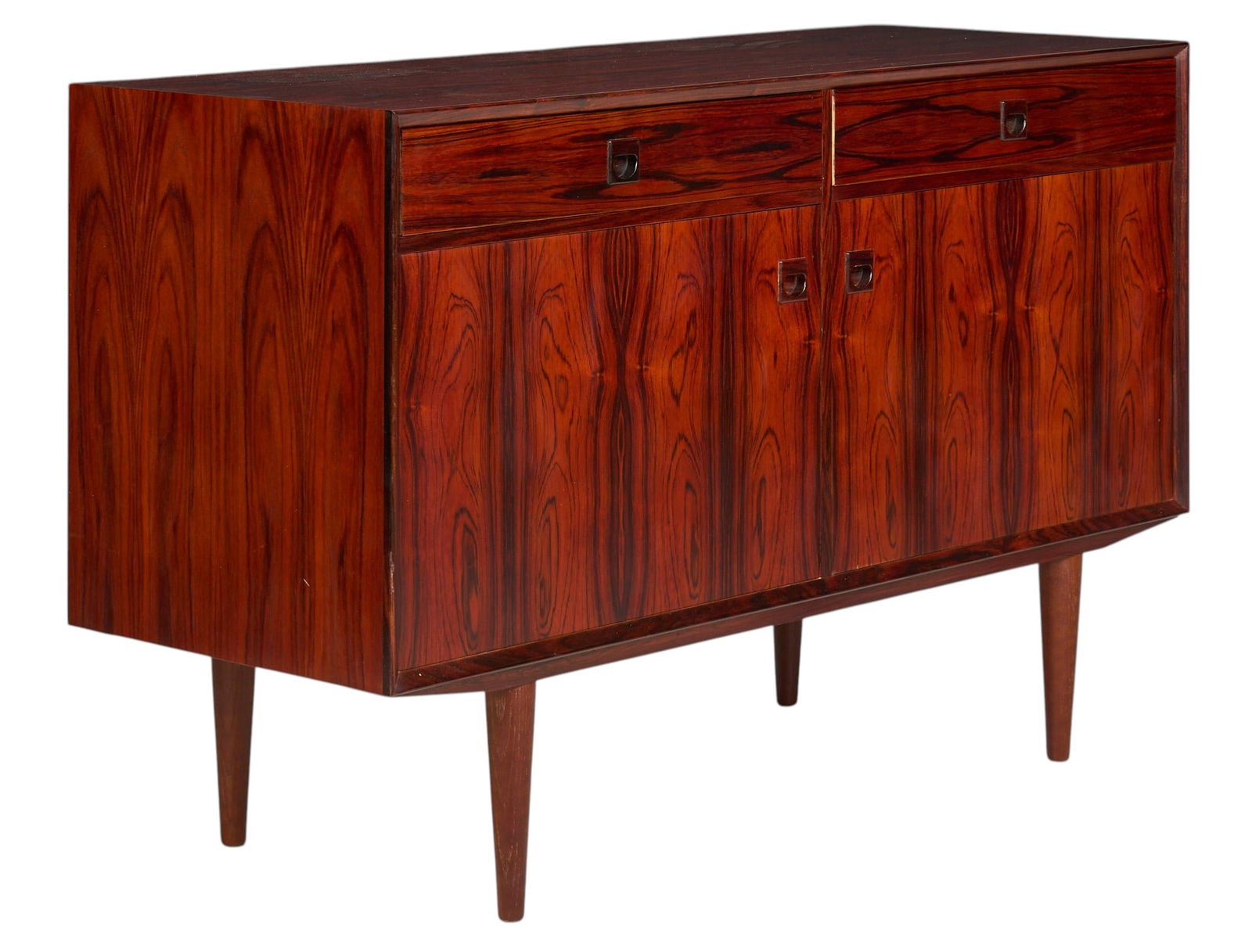 Danish Mid-Century Credenza: Danish mid-century credenza with pair of drawers, and pair of cabinet doors opening to divided interior with two adjustable shelves, supported on pin legs height 33.5 in. x width 53 in. x depth