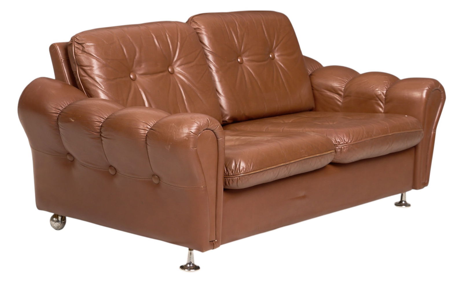 Danish Mid-Century Leather Loveseat: Danish mid-century loveseat with tufted brown leather cushions, supported on metal legs height 27 in. x width 60 in. x depth 32 in. 