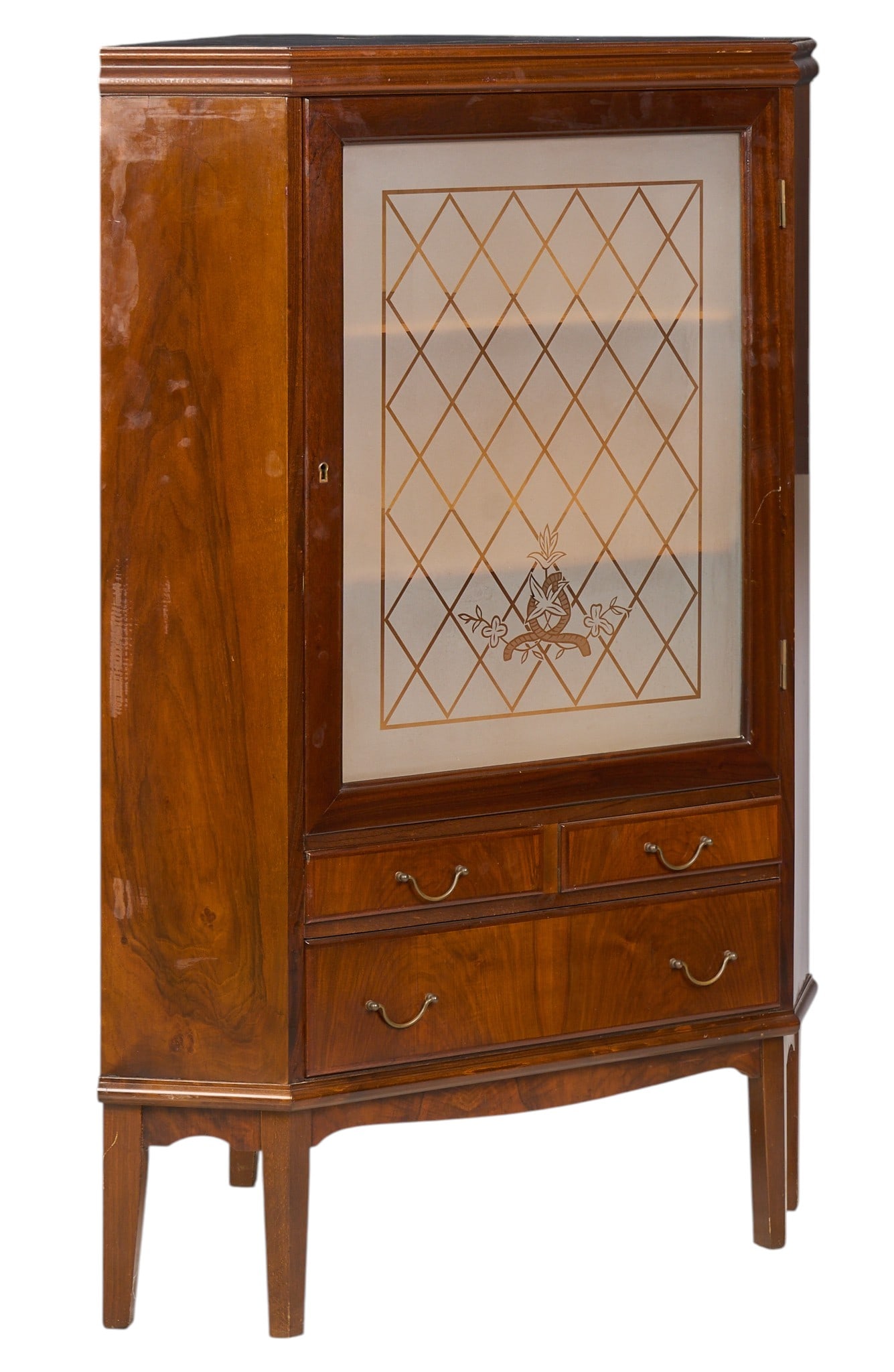 Danish Mid-Century Corner Cabinet: Danish mid-century corner cabinet with frosted glass-front door, and interior shelves, above three drawers, supported on block legsheight 52 in. x width 37.5 in. x depth 24.25 in. 