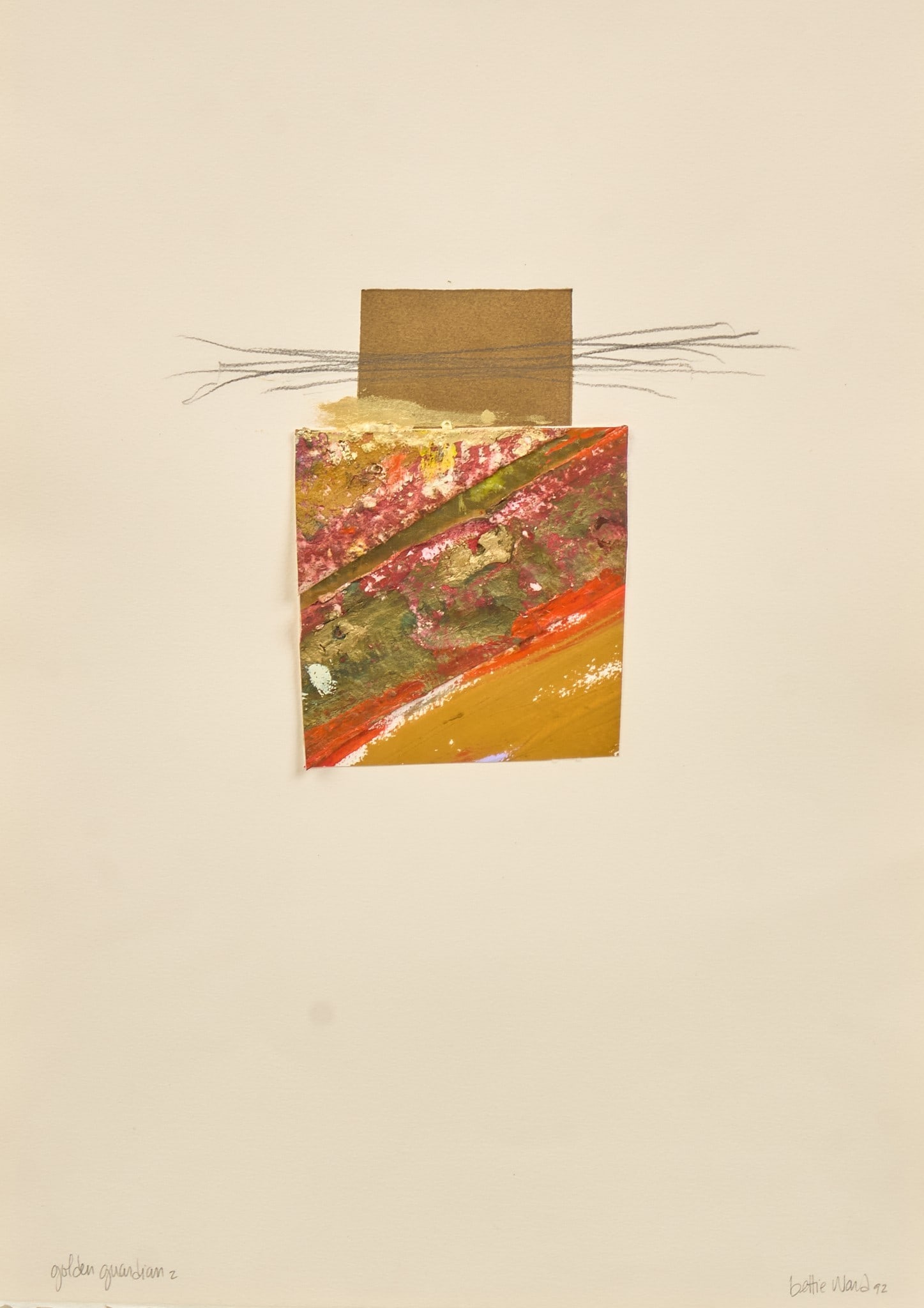 Bettie Ward, "Golden Guardian 2": Bettie Ward (Texas / New Mexico, b. 1947), "Golden Guardian 2", abstract mixed media and collage on paper, titled lower left, signed and dated lower right, 1992sheet: 22 x 14.75 in.,