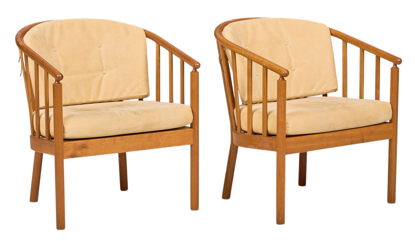 Pair of Finn Ostergaard "Bella"Chairs: Pair of Finn Ostergaard (Denmark) for Stouby (Denmark) "Bella" chairs with rounded spindle backs and beige cushions, supported on tubular legs height 29 in. x width 24 in. x depth 25 i
