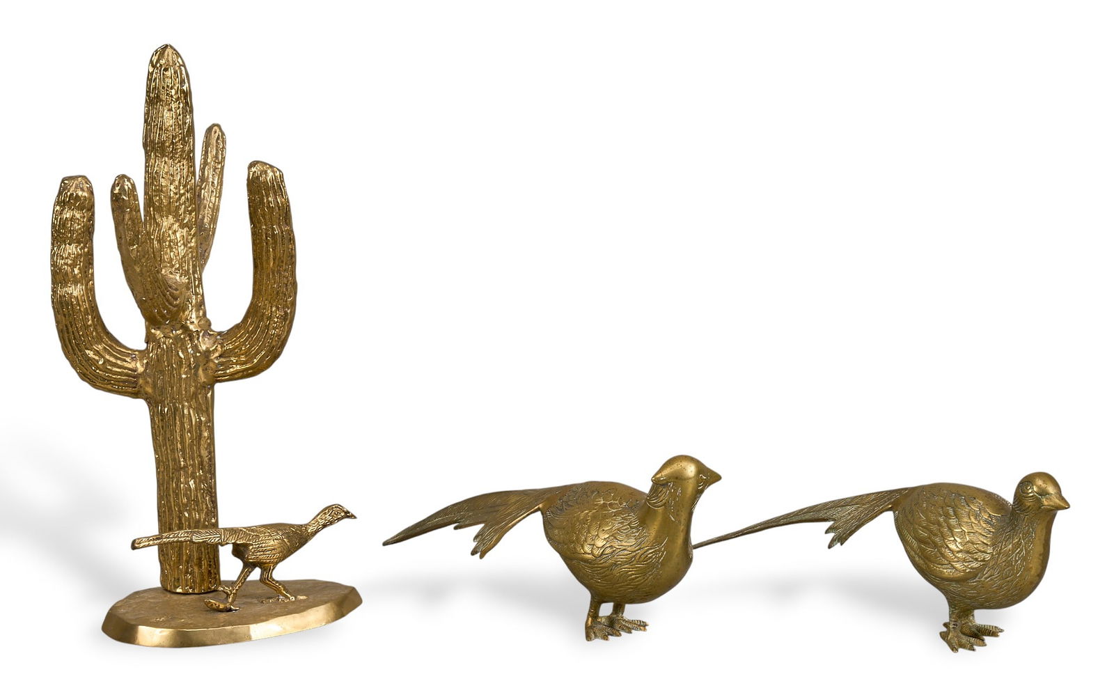 (3) Brass Sculptures: Collection of three brass sculptures including a saguaro cactus with roadrunner at the base, and pair of pheasant sculpturesheight 15.5 in. x width 7 in. x depth 6 in. / largestProvenance: Property