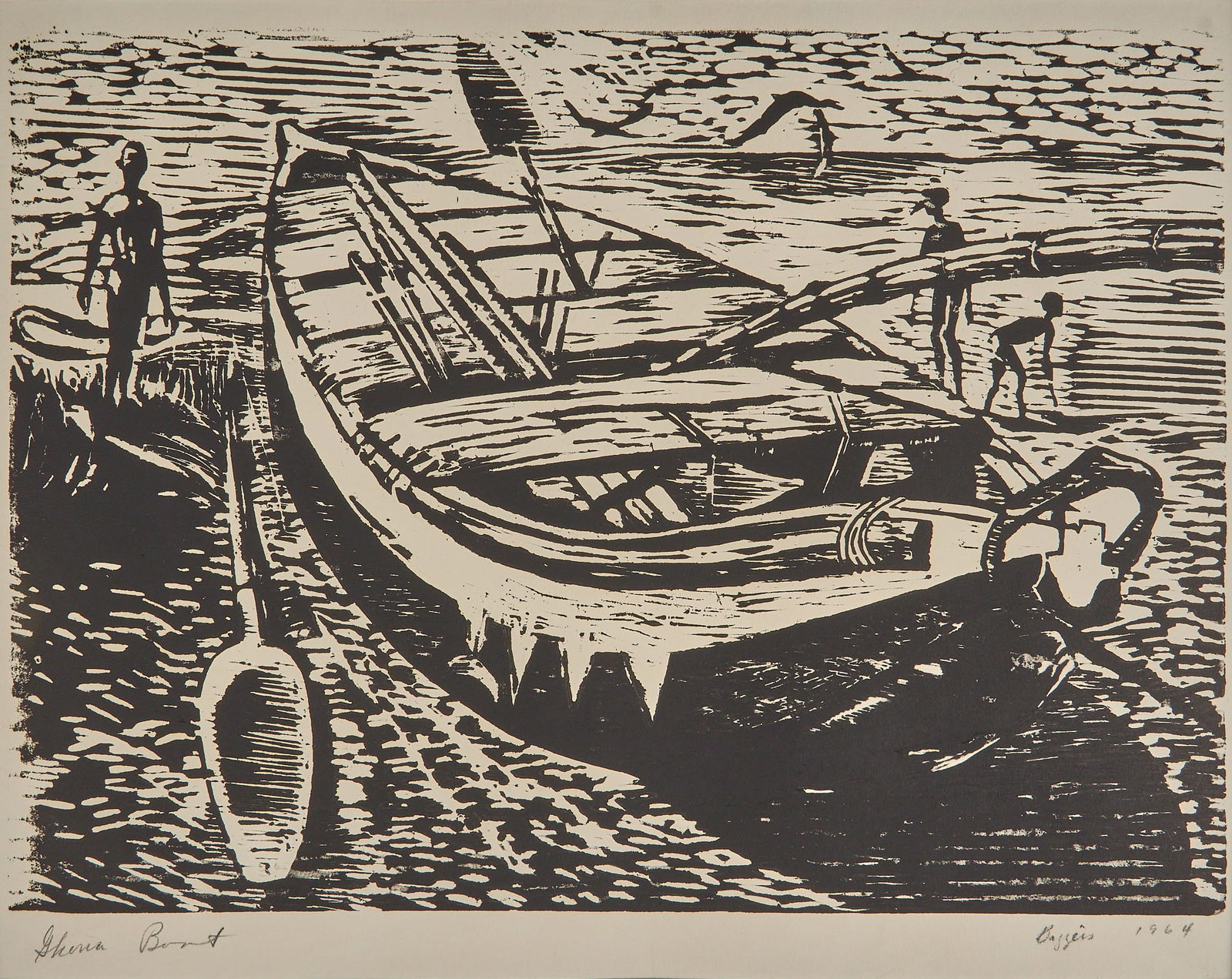 John Biggers, "Ghana Boat", 1964: John Anansa Thomas Biggers (Virginia / Texas, 1924-2001), "Ghana Boat", studio woodblock print, titled in pencil at lower left margin, signed and dated in pencil at lower right margin,